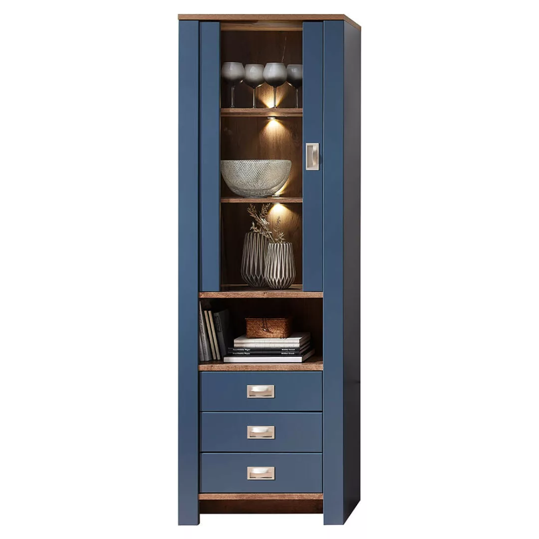 Vitrine inkl. LED-Beleuchtung DEVON-36 Landhaus Design in blau mit Eiche Nb günstig online kaufen