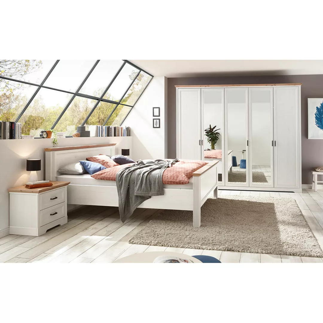 Schlafzimmer Set 4-teilig Bett 180x200cm Pinie weiß mit Eiche JÜLICH-77 günstig online kaufen