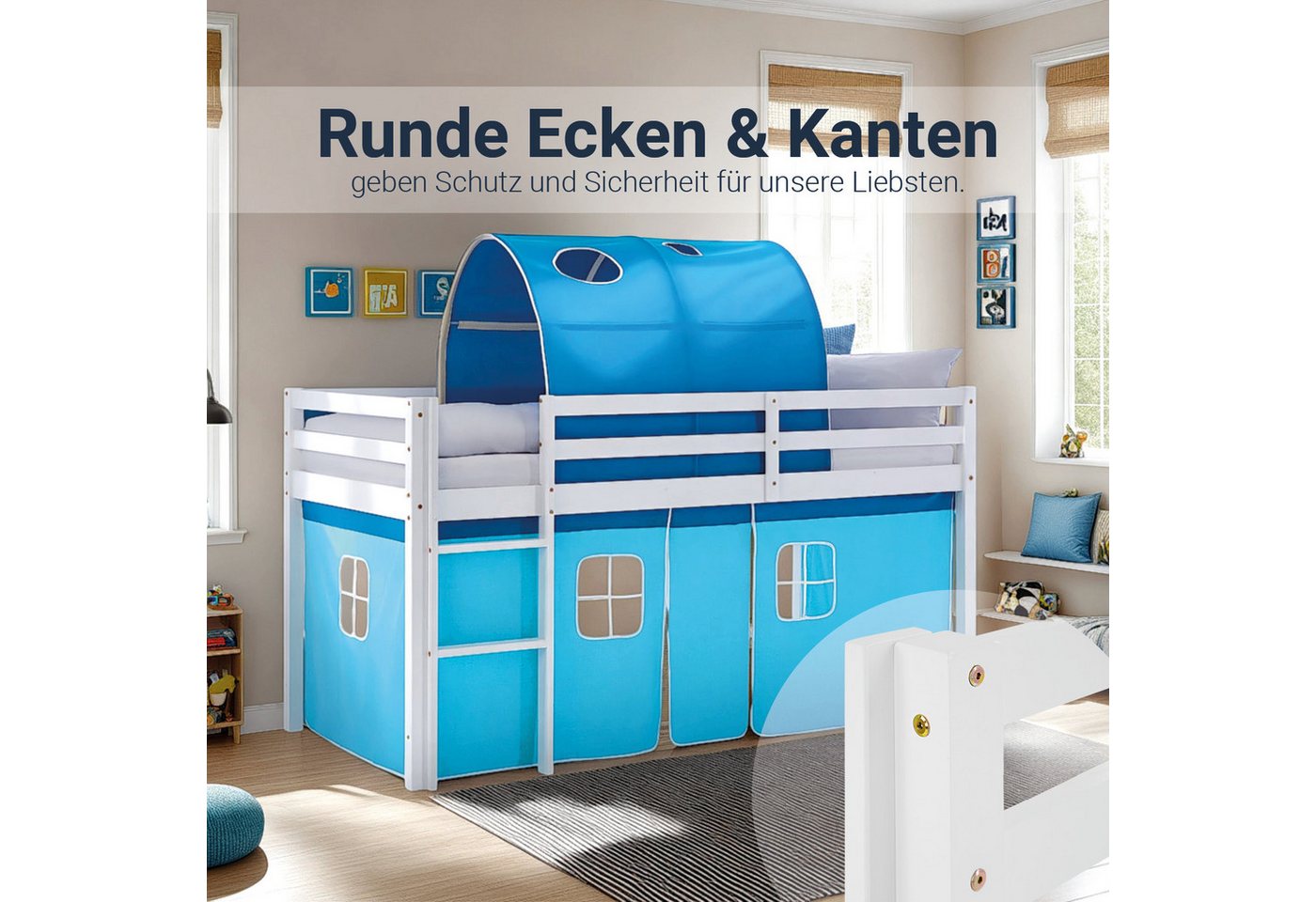 Homestyle4u Hochbett 90x200 Kinderbett Weiß Vorhang Blau für 1 Kind Kiefer günstig online kaufen