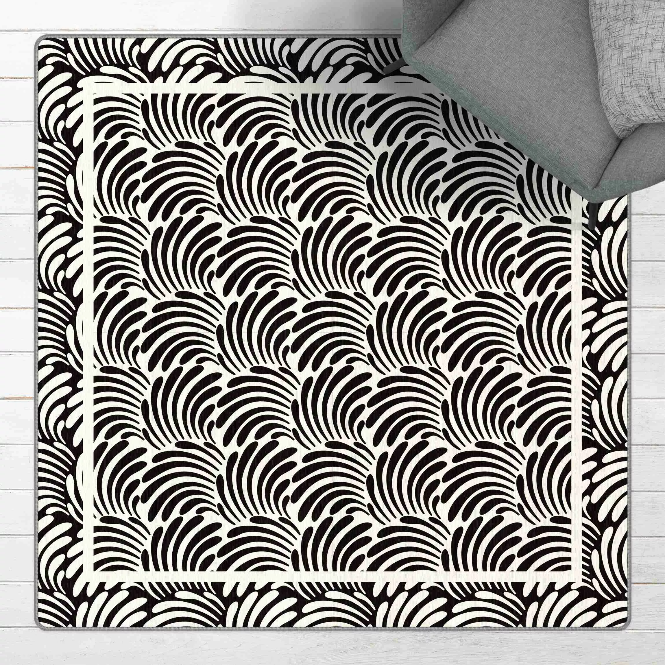 Teppich Quadratische Blätterornamente Schwarz Weiß mit Rahmen günstig online kaufen