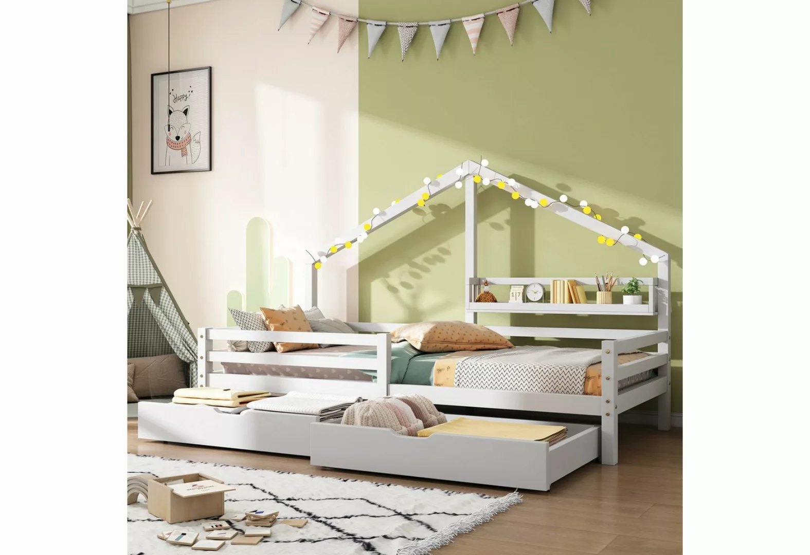 MODFU Kinderbett Jugendbett Massivholzbett Einzelbett (90x200cm Weiß mit La günstig online kaufen