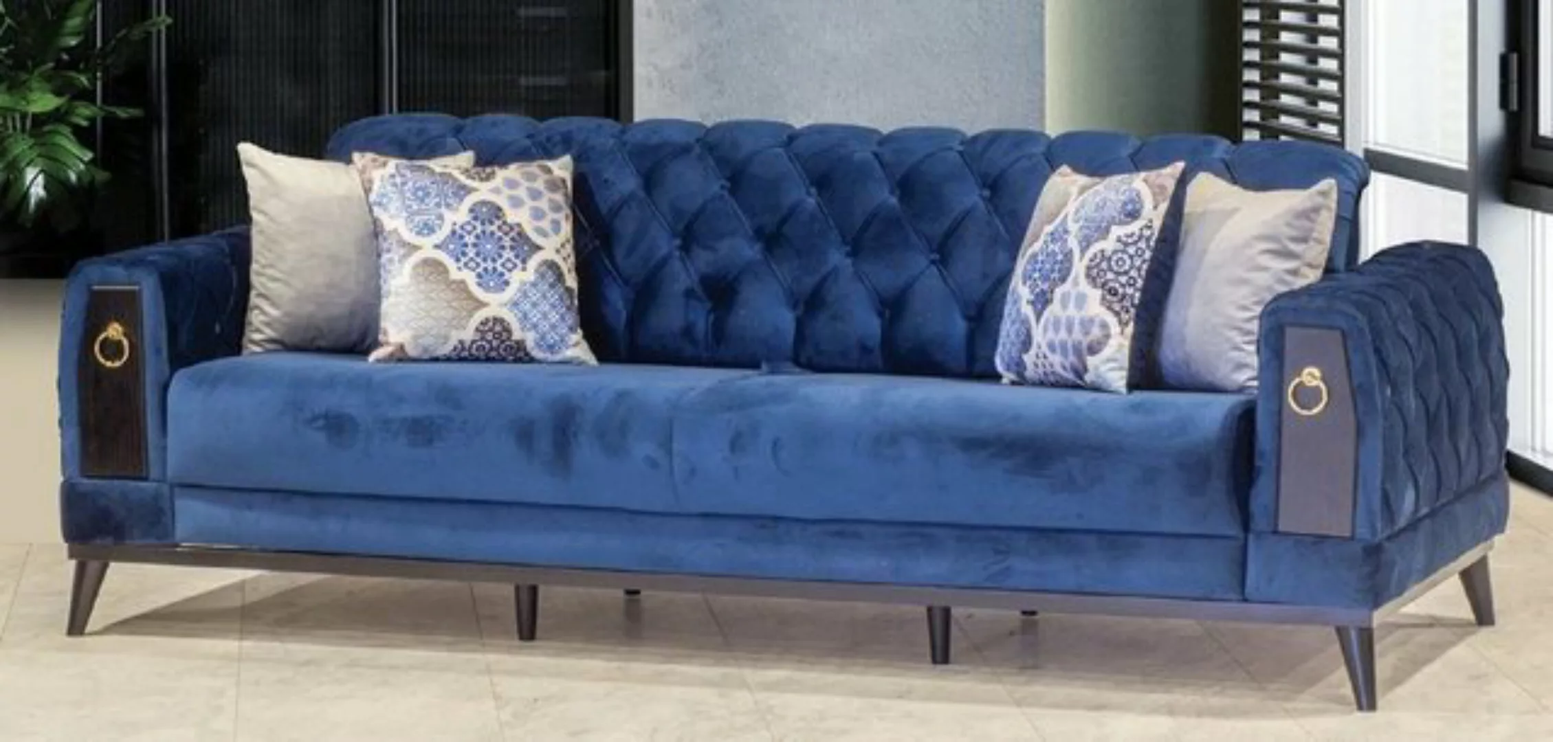 Casa Padrino Chesterfield-Sofa Chesterfield Schlafsofa Blau / Schwarz / Gol günstig online kaufen