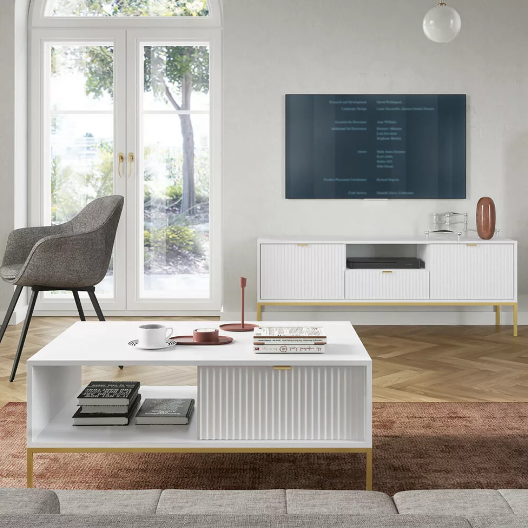 Wohnmöbel Set weiß, Fußgestell goldfarben, NEWCASTLE-160, 2-teilig inkl. Co günstig online kaufen