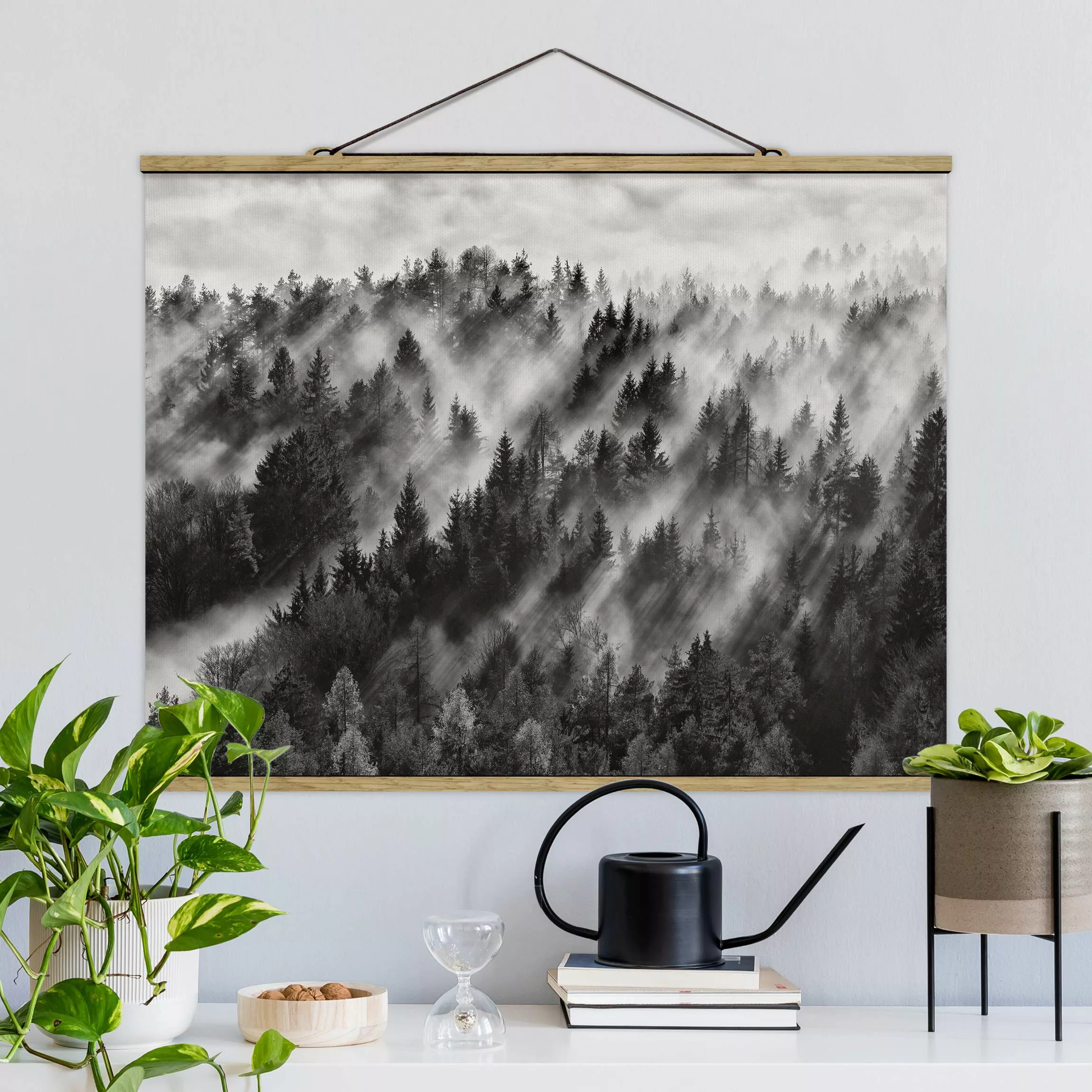 Stoffbild Wald mit Posterleisten - Querformat Lichtstrahlen im Nadelwald günstig online kaufen