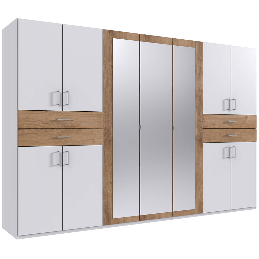 Kleiderschrank mit Spiegel, 313 cm breit modern in weiß mit Eiche TREVISO-4 günstig online kaufen