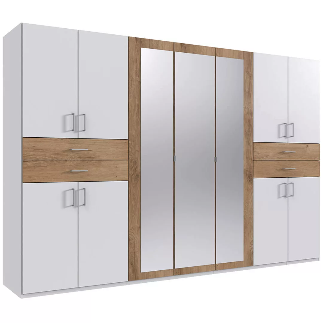 Kleiderschrank mit Spiegel, 313 cm breit modern in weiß mit Eiche TREVISO-4 günstig online kaufen