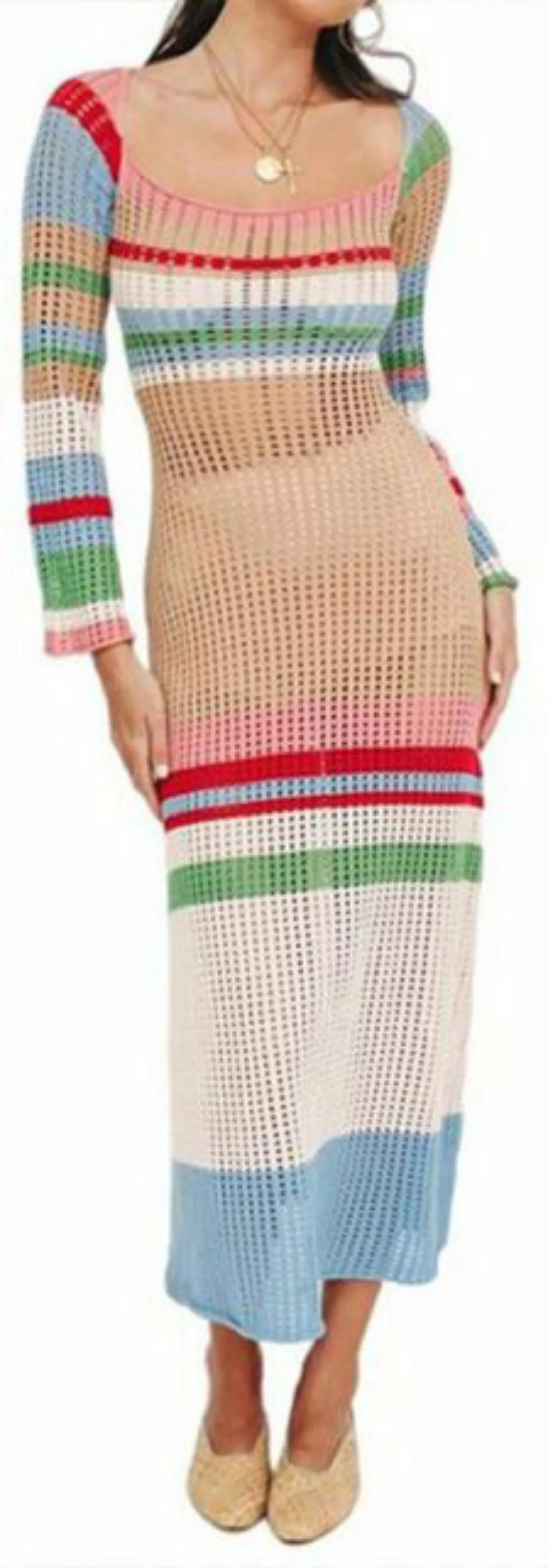ZWY Dirndl Sexy hohles, langärmliges Kleid mit Kontrastfarbenstreifen günstig online kaufen