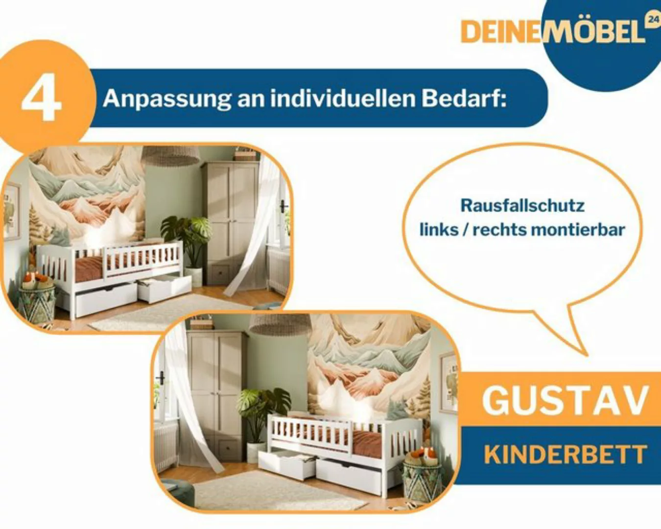 Deine Möbel 24 Kinderbett Einzelbett GUSTAV 90x200 cm in Weiß / Grau aus Ma günstig online kaufen