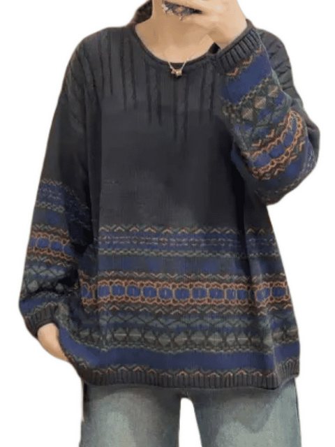 YRIIOMO Strickpullover Retro-Kunstblumendruck-Strickoberteil Frauen Winter günstig online kaufen