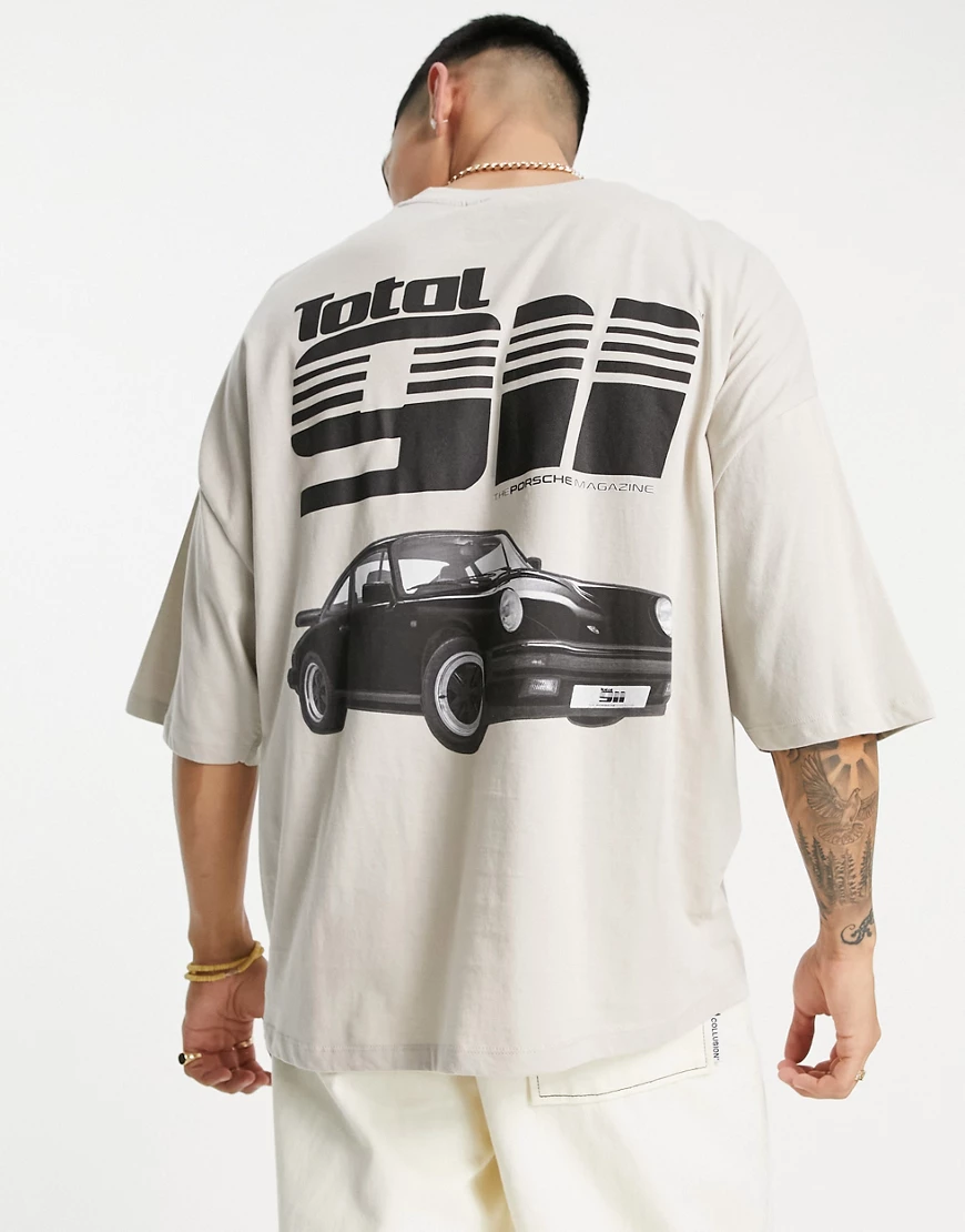 ASOS DESIGN – Oversize-T-Shirt in Stein mit „Porsche“- und „911“-Print-Neut günstig online kaufen