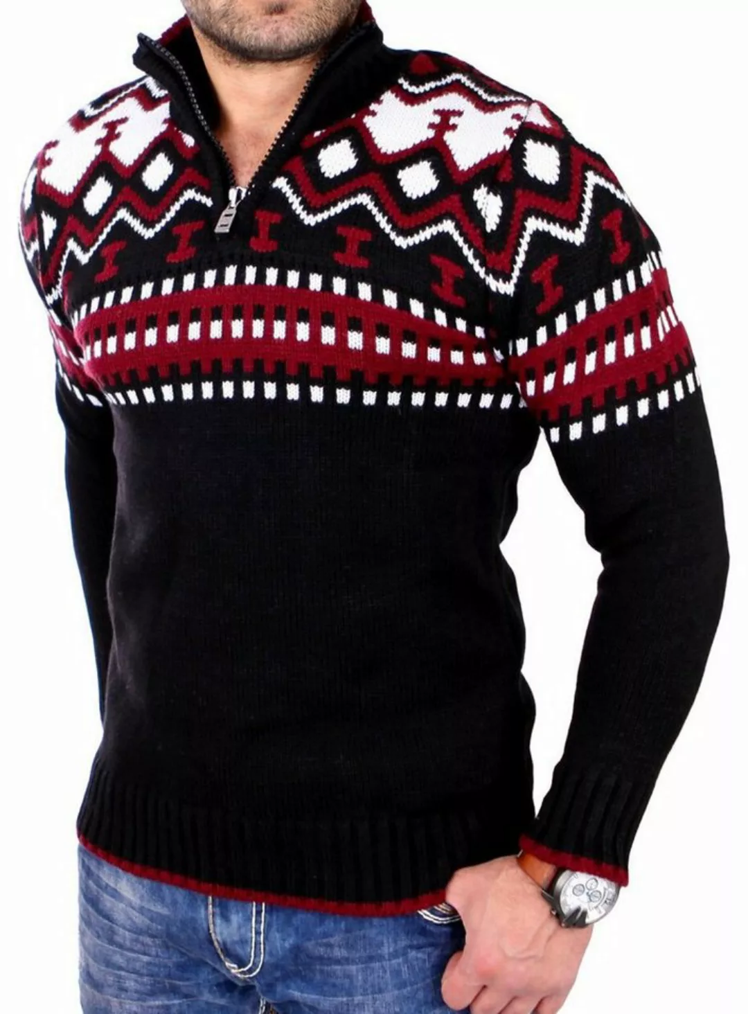 Reslad Strickpullover Reslad Herren Strickpullover Crewneck Zipper Norweger günstig online kaufen