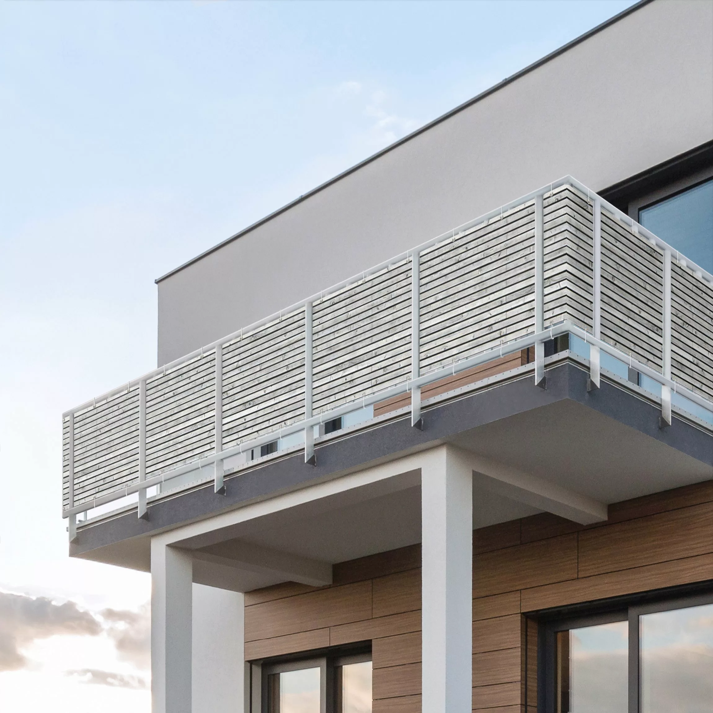 Balkon Sichtschutz Holzwand mit schmalen Leisten schwarz weiß günstig online kaufen