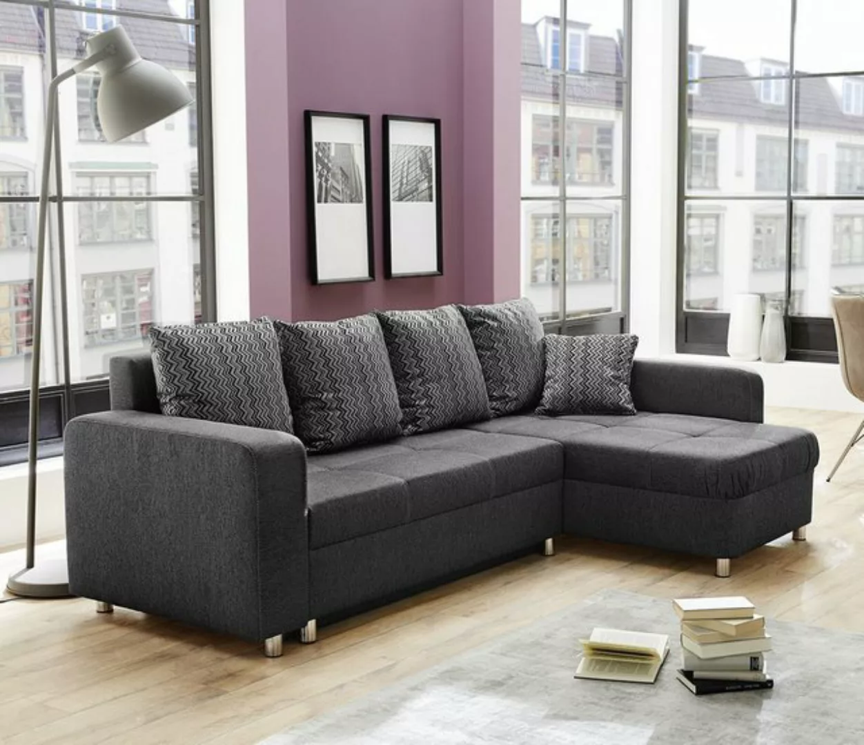 Ecksofa klein mit Schlaffunktion und Bettkasten Grau-Schwarz 235 x 154 cm b günstig online kaufen