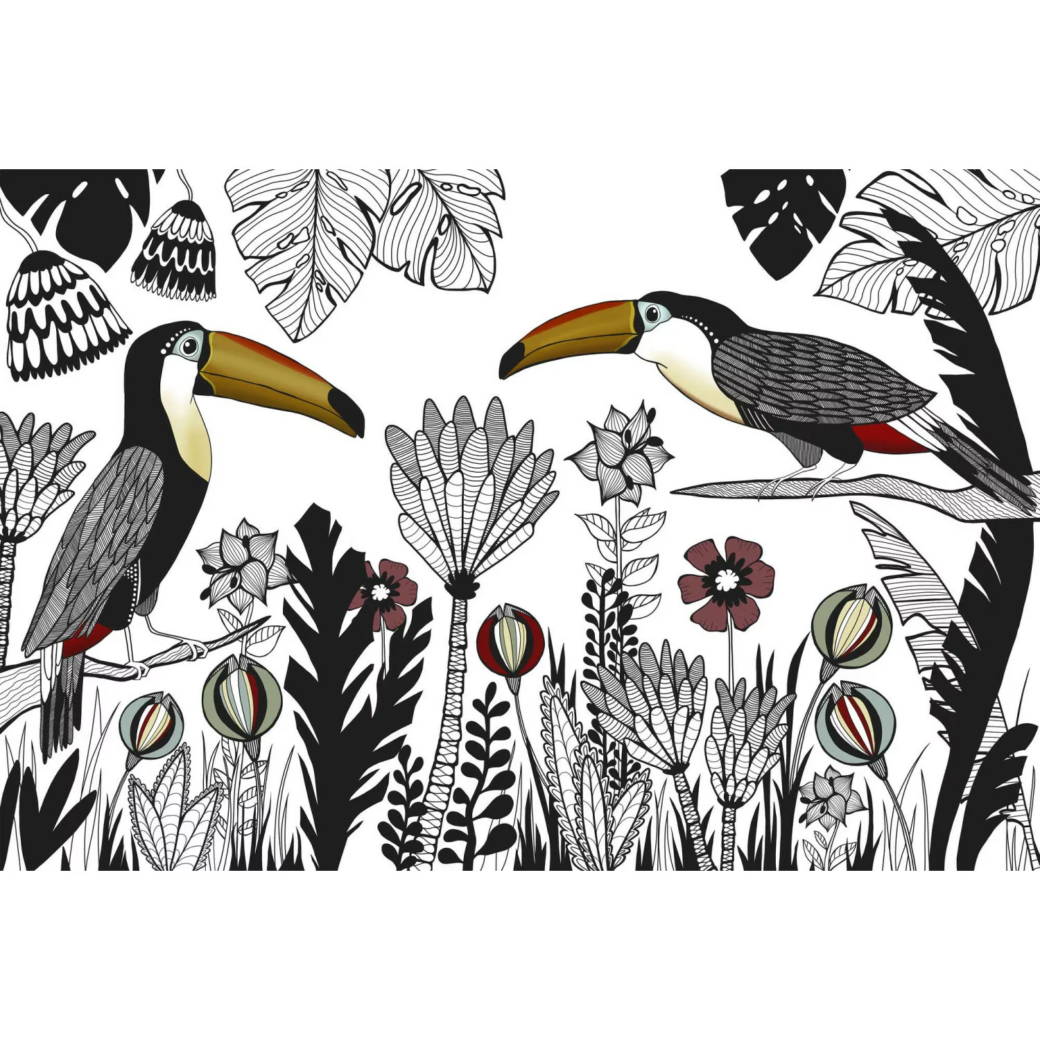 Fototapete Vögel Pflanzen Weiß Schwarz Rot Gelb 4,00 m x 2,70 m FSC® günstig online kaufen