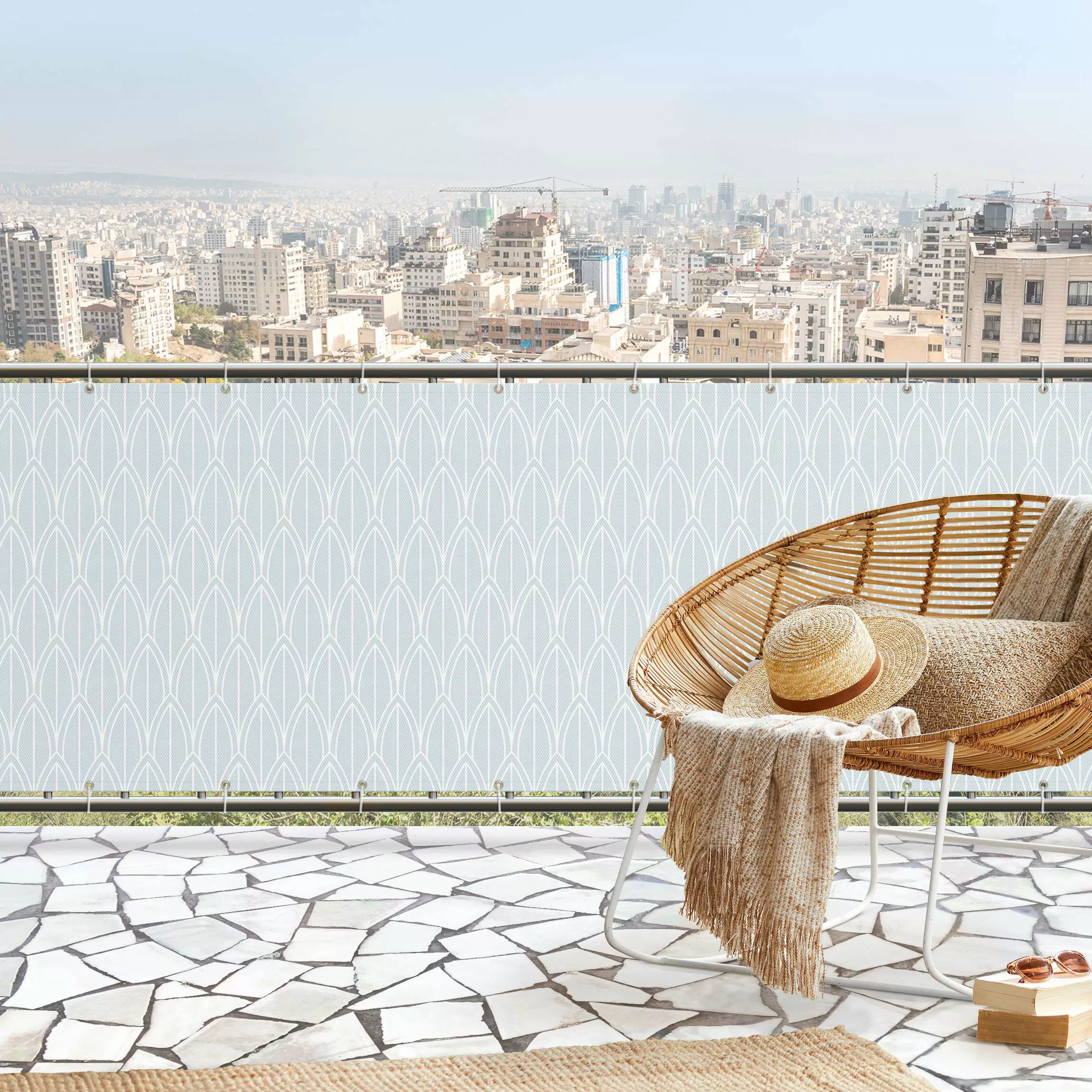 Balkon Sichtschutz Art Deco Federn Muster mit Bordüre günstig online kaufen