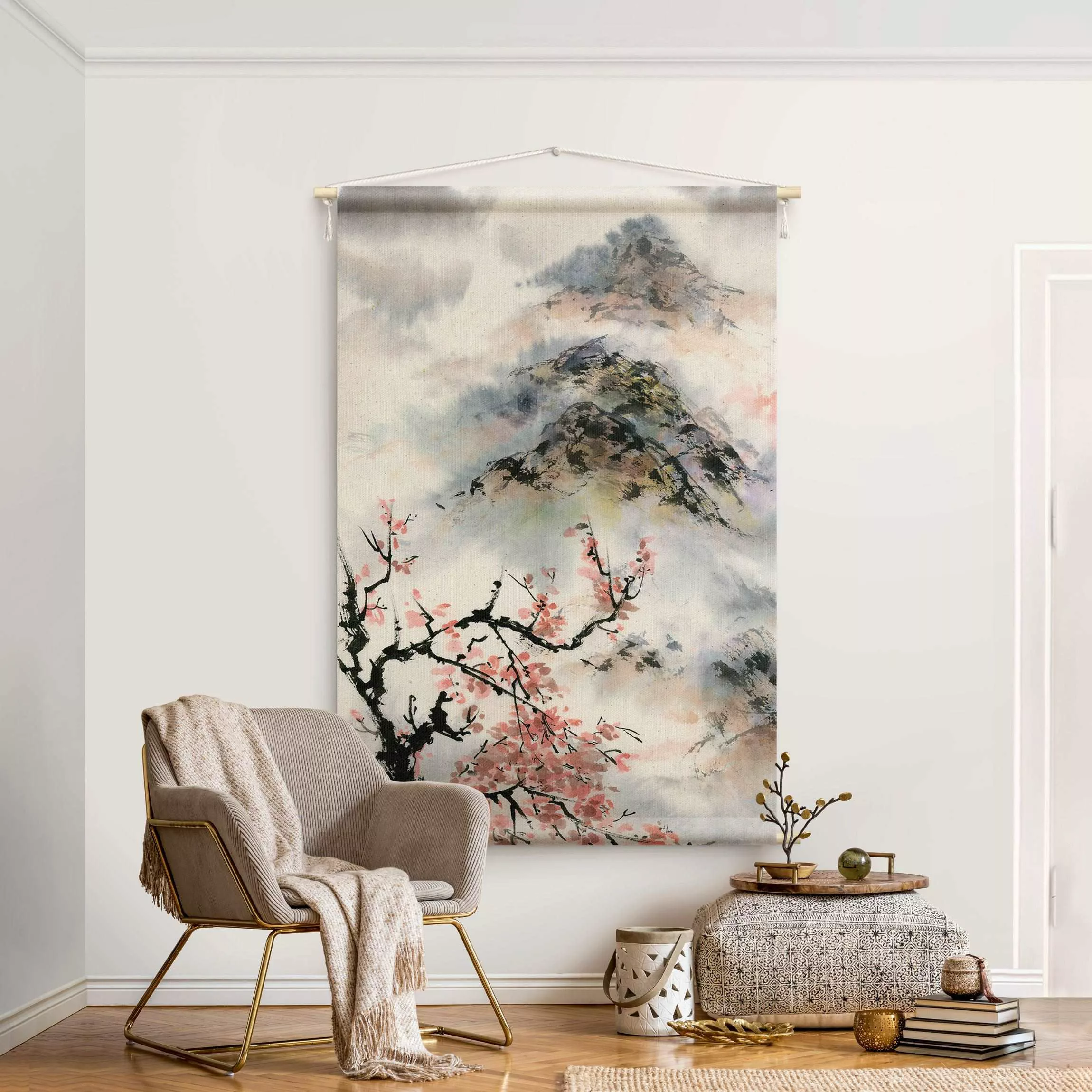 Wandteppich Japanische Aquarell Zeichnung Kirschbaum und Berge günstig online kaufen