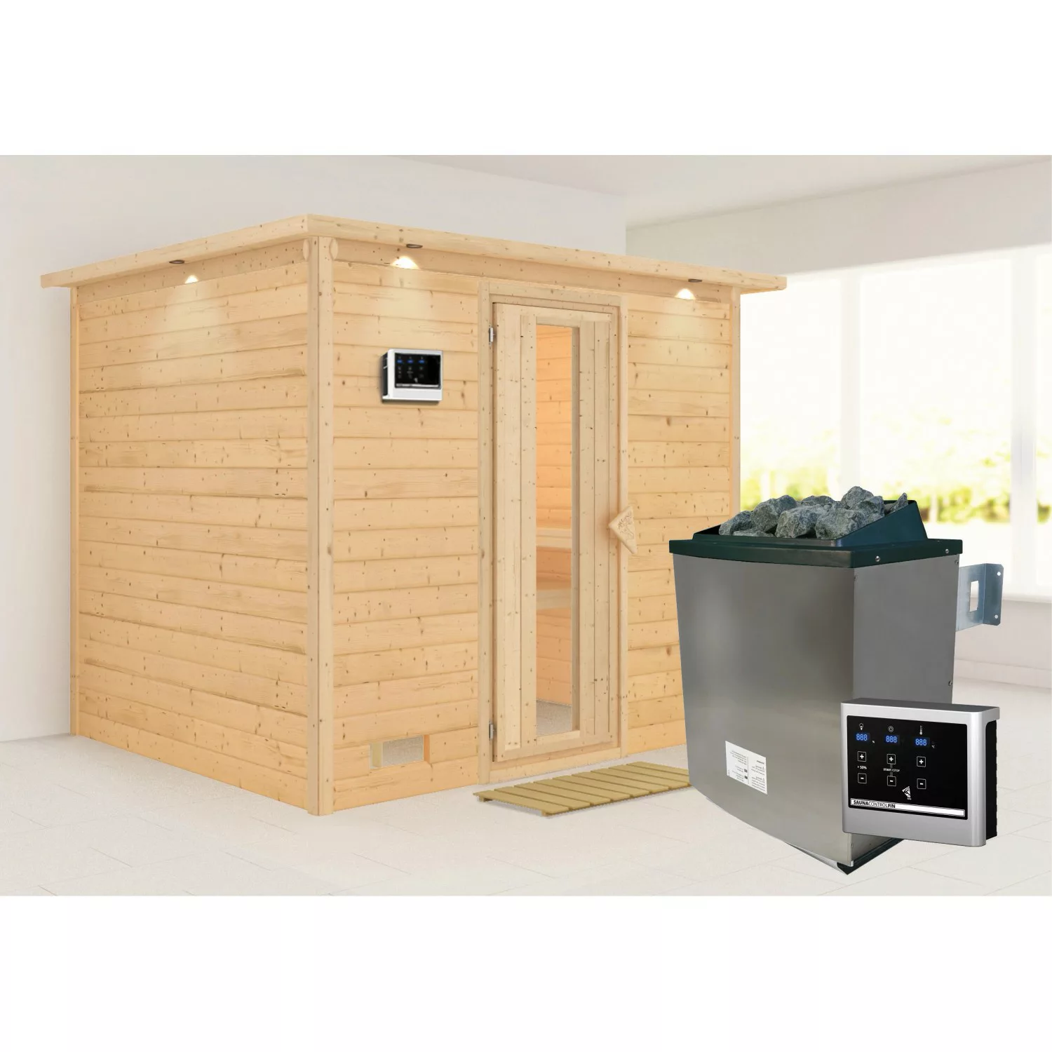 Karibu Sauna Sarina mit Ofen externe Stg.und LED-Dachkranzt Natur günstig online kaufen