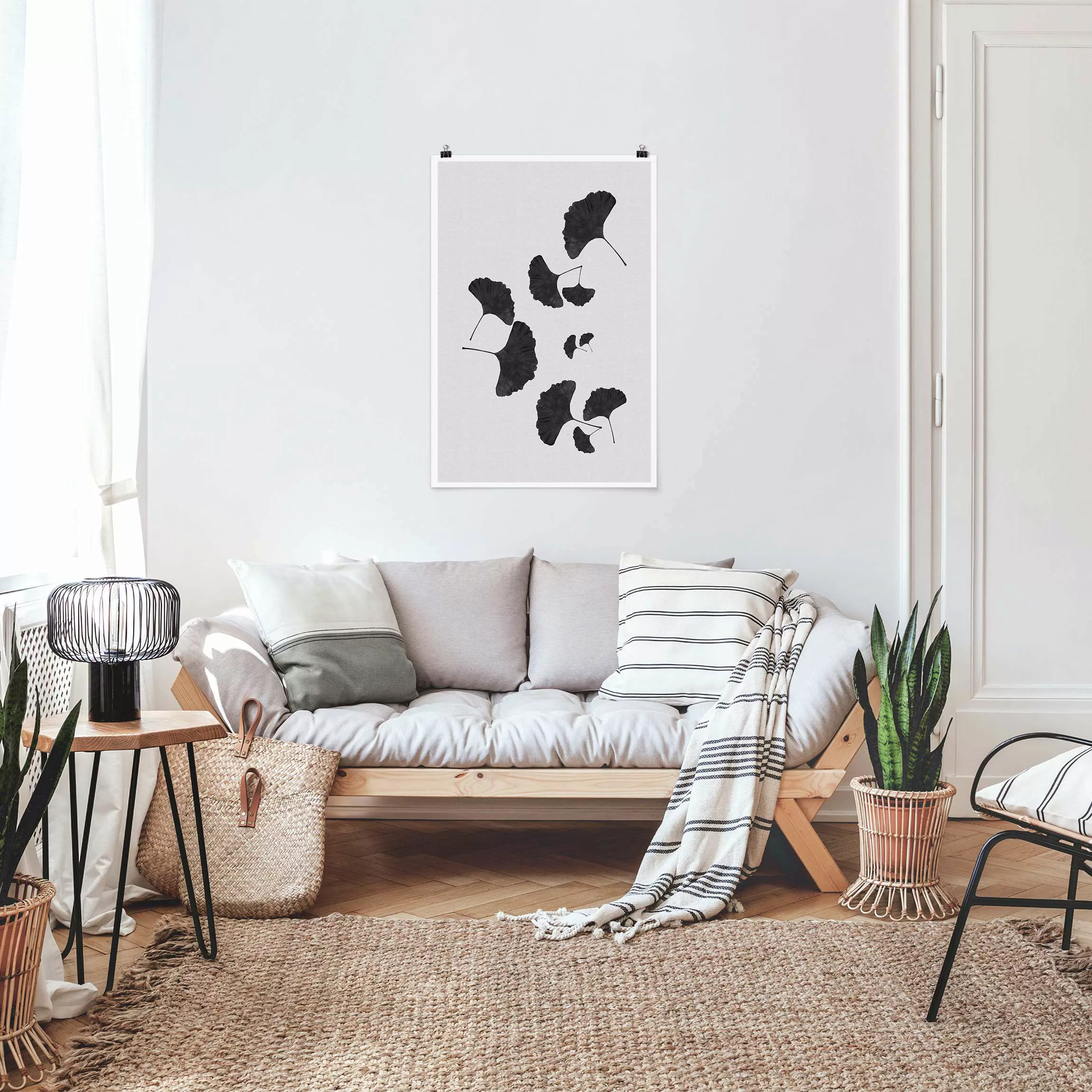 Poster Ginkgo Komposition in Schwarz-Weiß günstig online kaufen