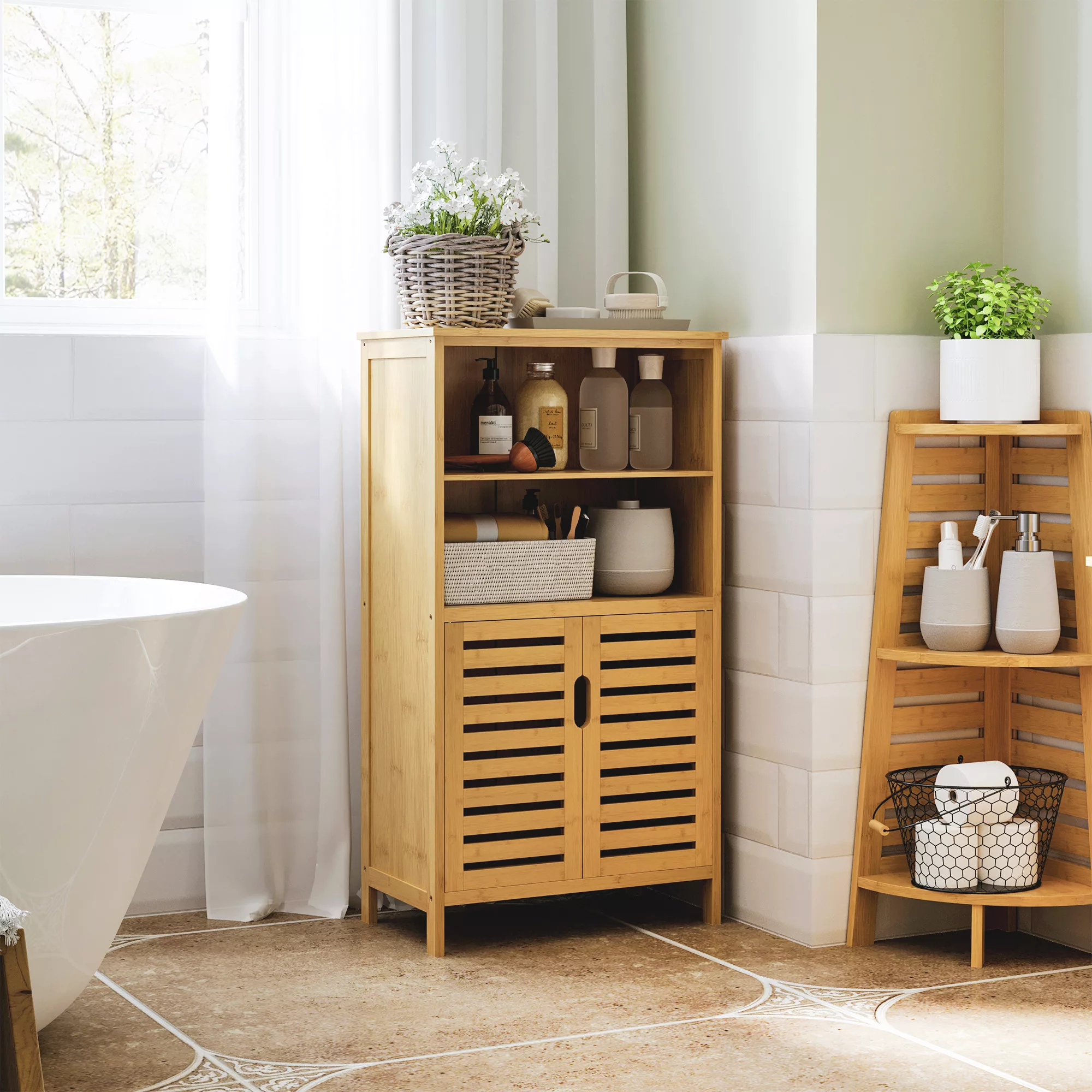kleankin Badezimmerschrank aus Bambus  Unterschrank mit Lamellentüren, Kipp günstig online kaufen