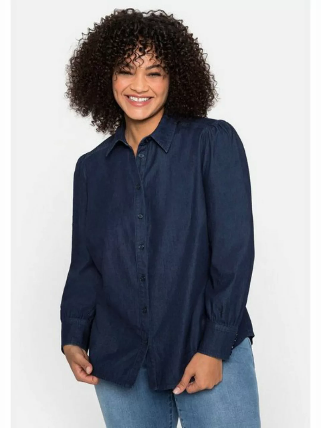 Sheego Jeansbluse Große Größen mit gekräuselter Schulternaht günstig online kaufen