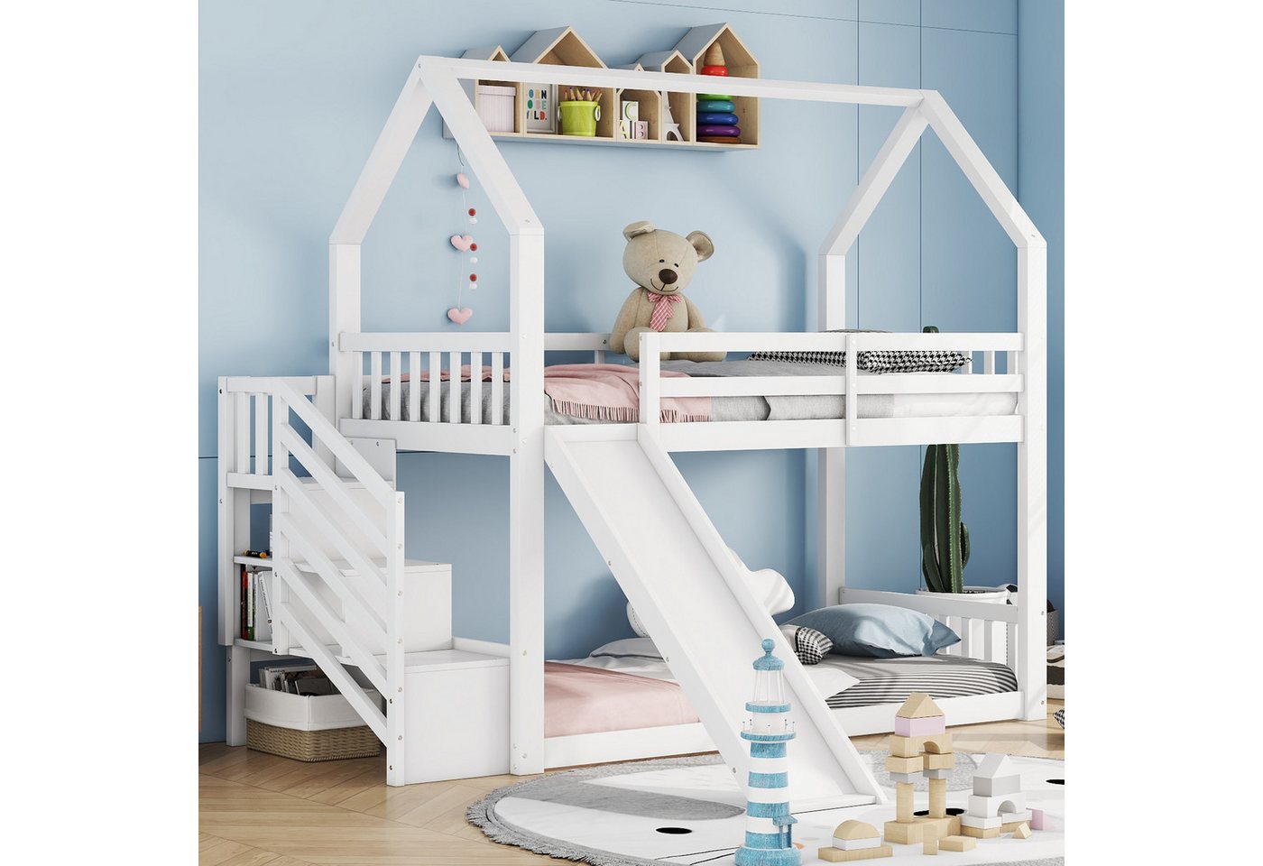 Flieks Etagenbett, Kinderbett mit Treppe & Rutsche & oberem Lattenrost 90x2 günstig online kaufen