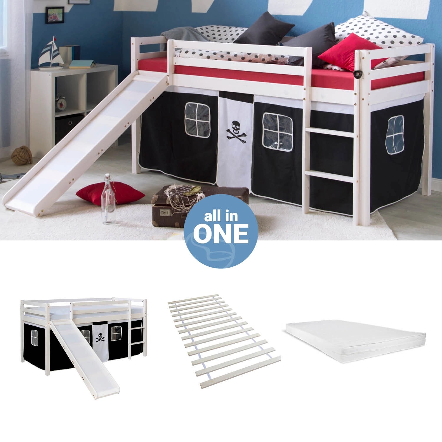Homestyle4u Hochbett 90x200 mit Vorhang Lattenrost Matratze Rutsche in Weiß günstig online kaufen