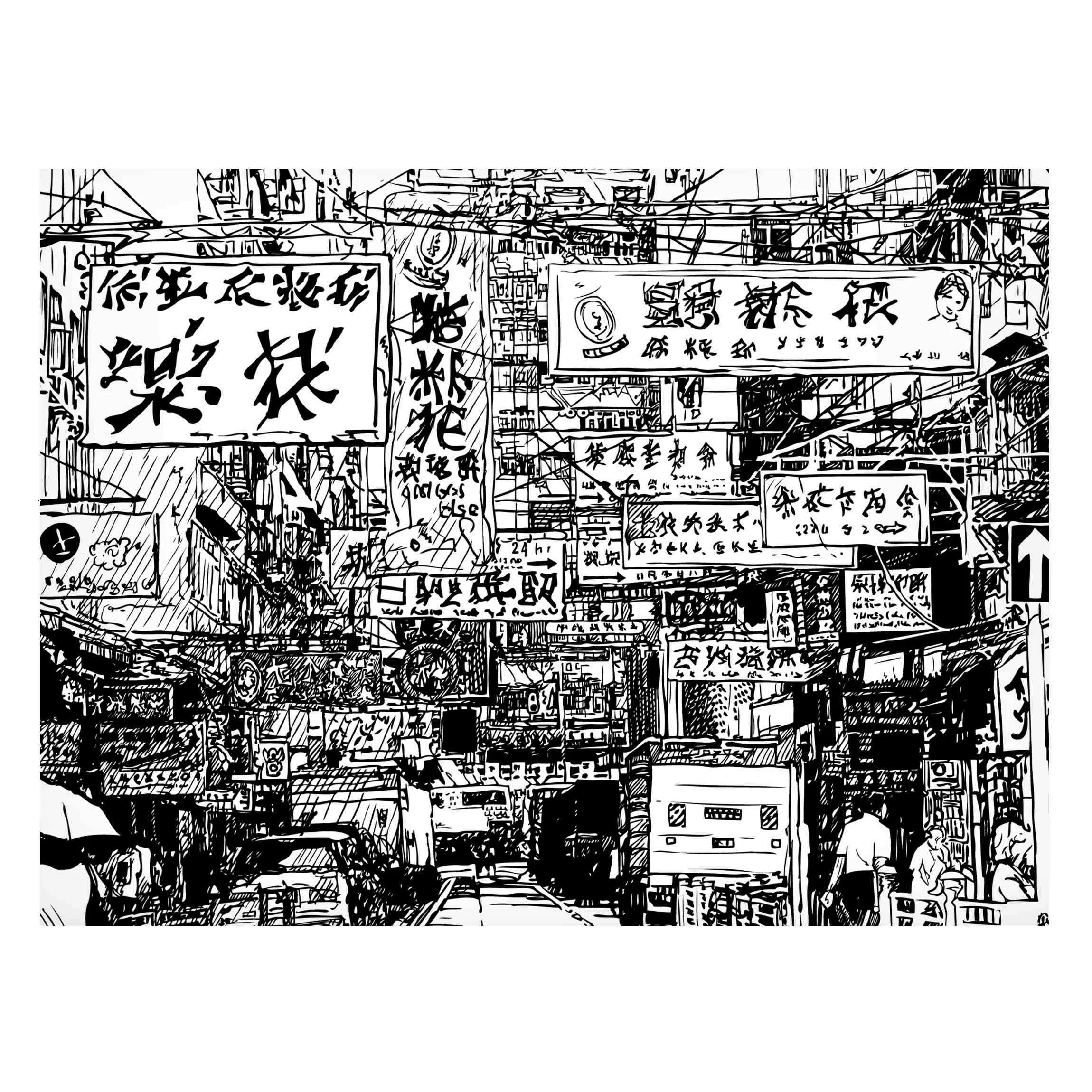 Magnettafel Black And White Drawing Asian Street günstig online kaufen