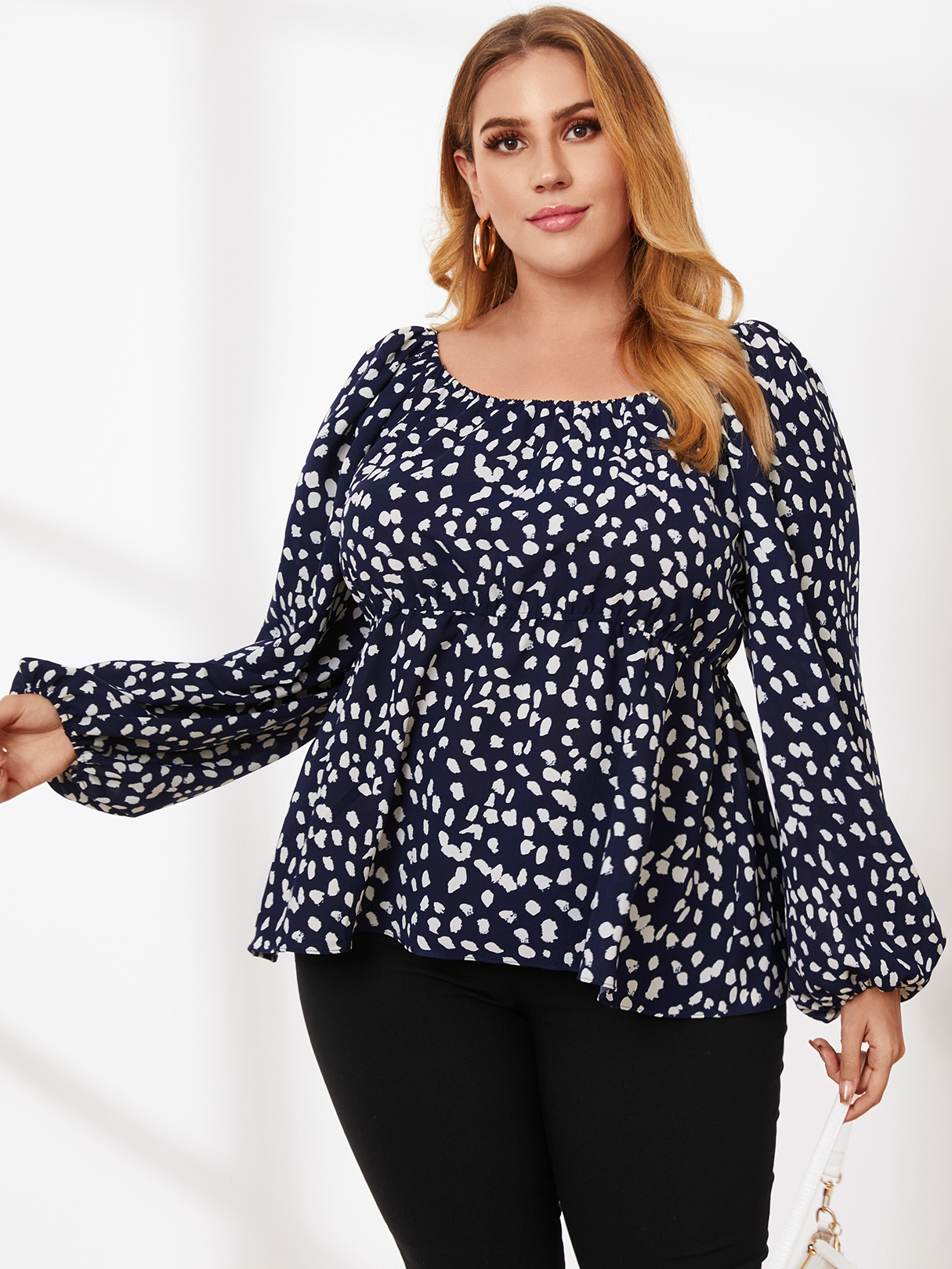 Plus Size Rundhals-Bluse mit Polka-Dot-Elastikbändern und langen Ärmeln günstig online kaufen