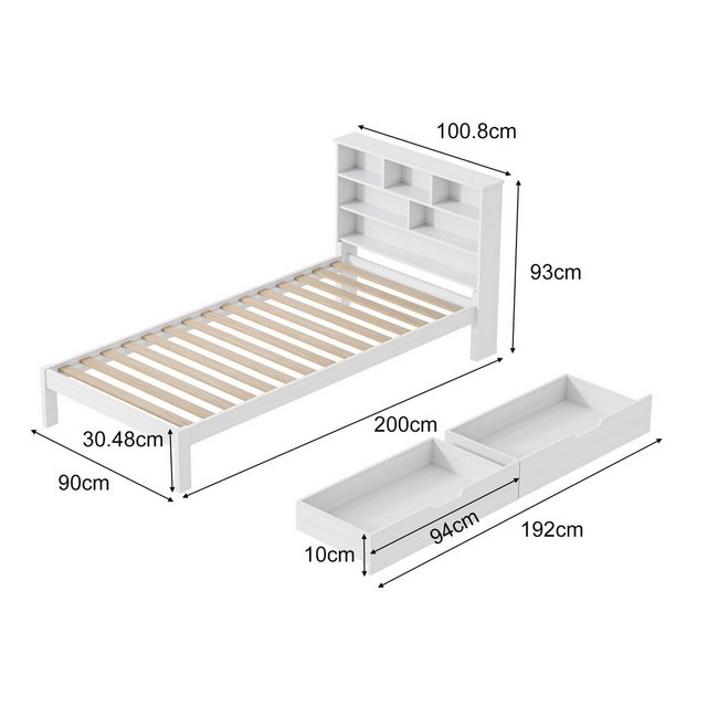 Furnishings Home Holzbett 90x200cm Einzelbett mit Bücherregalen und Schubla günstig online kaufen