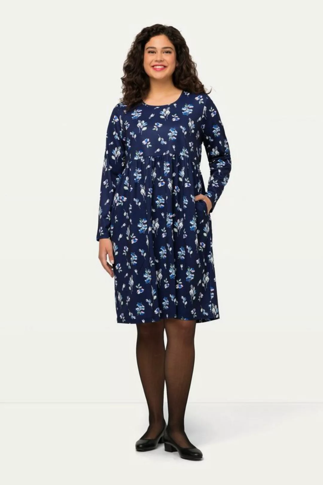 Ulla Popken Sommerkleid Kleid kurz Jersey Blütenmuster Rundhals Langarm günstig online kaufen