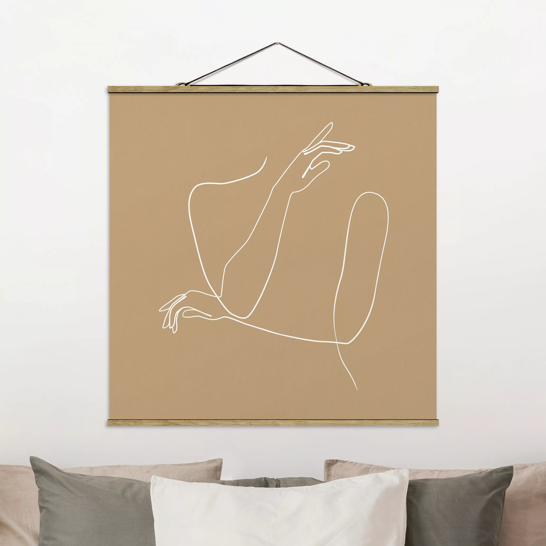 Stoffbild Abstrakt mit Posterleisten - Quadrat Line Art Hände Frau Beige günstig online kaufen