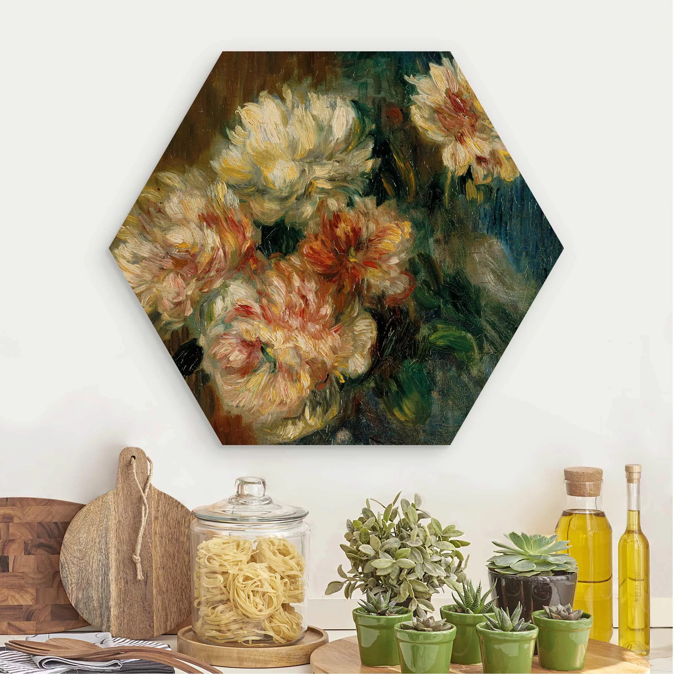 Hexagon-Holzbild Kunstdruck Auguste Renoir - Vase Pfingstrosen günstig online kaufen