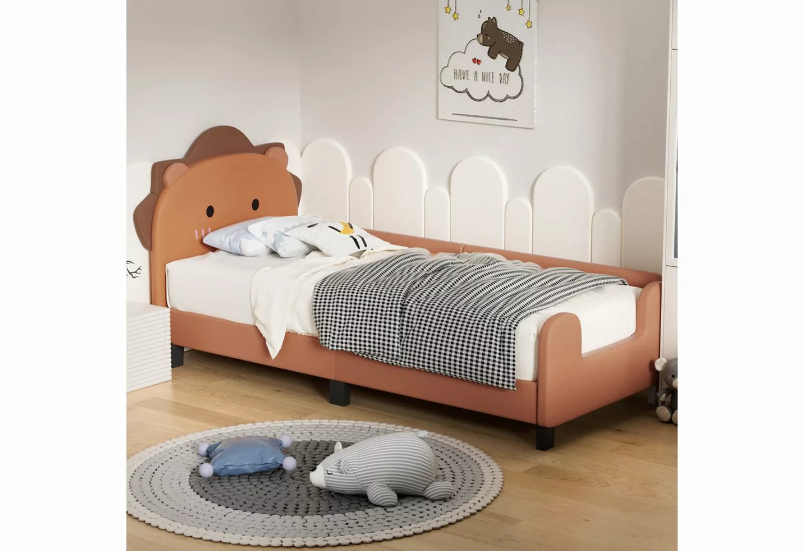 Odikalo Kinderbett Einzelbett mit Lattenrost Kopfteil Hasenform Weiß/Orange günstig online kaufen