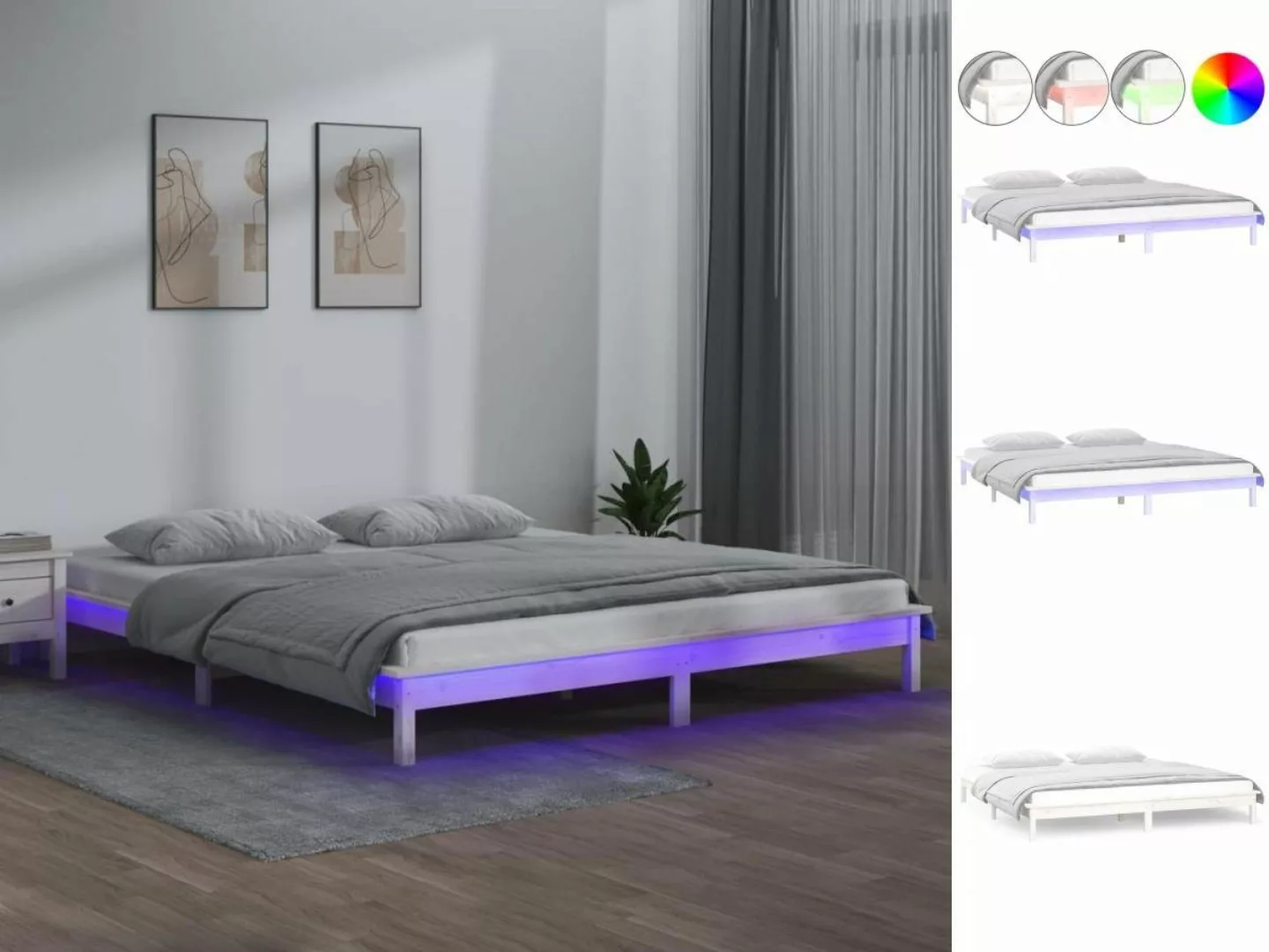 vidaXL Bettgestell Massivholzbett mit LEDs Weiß 135x190 cm 4FT6 Double Bett günstig online kaufen