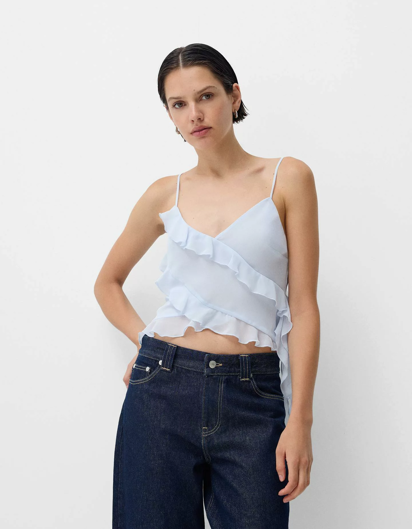 Bershka Top Aus Chiffon Mit Volants Damen Xs Hellblau günstig online kaufen