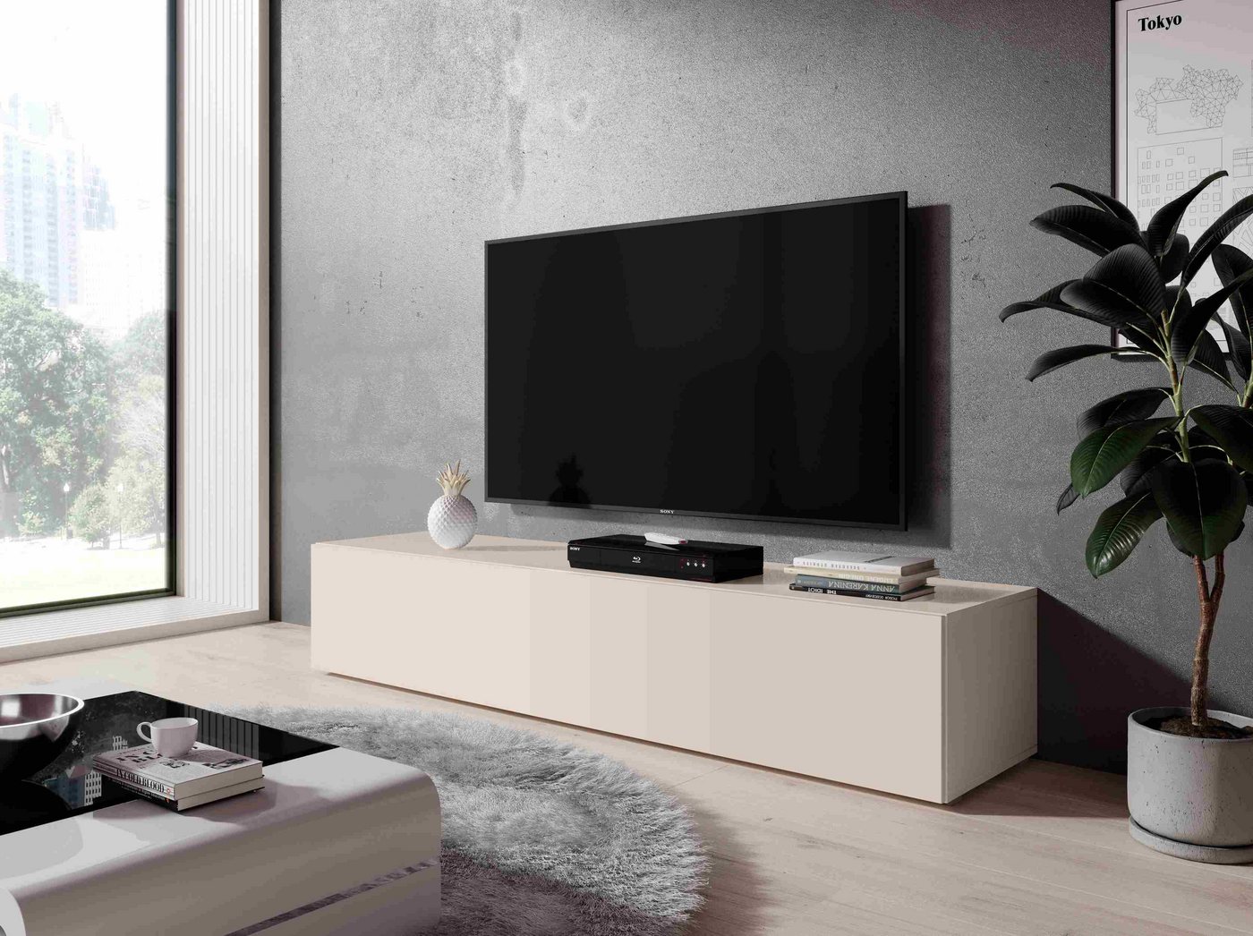 Furnix TV-Schrank ZIBO 160 cm Lowboard TV-Kommode Fernehschrank Beige 3 Fäc günstig online kaufen