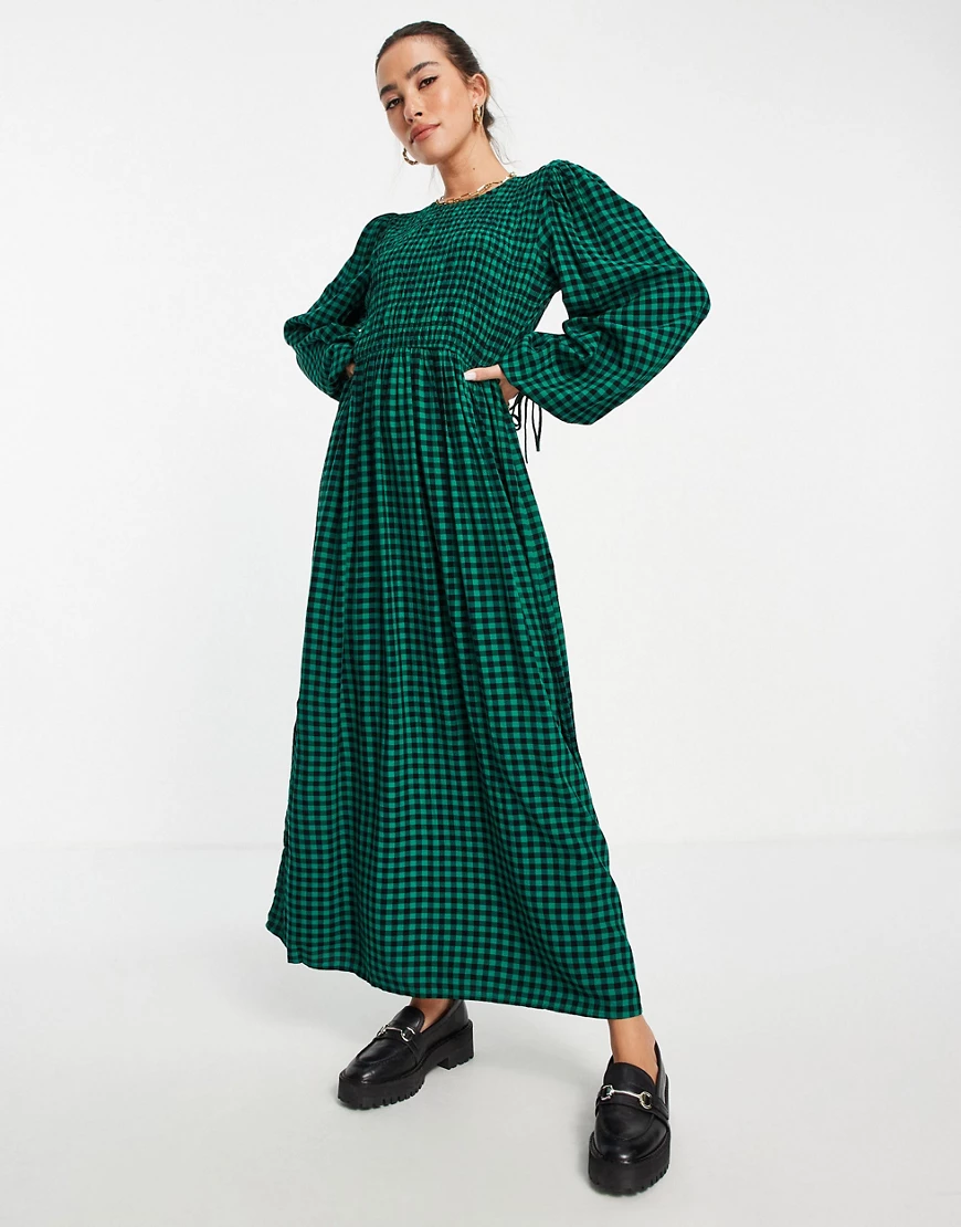 River Island – Langärmliges Kleid in Grün mit gerafftem Kragen günstig online kaufen