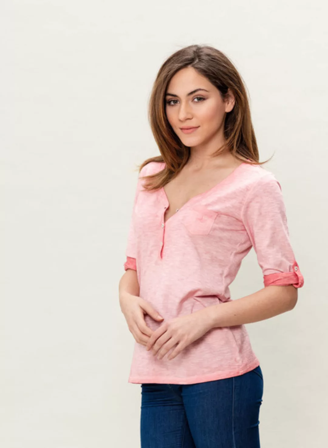 Damen Garment Dyed 3/4 Arm T-shirt günstig online kaufen