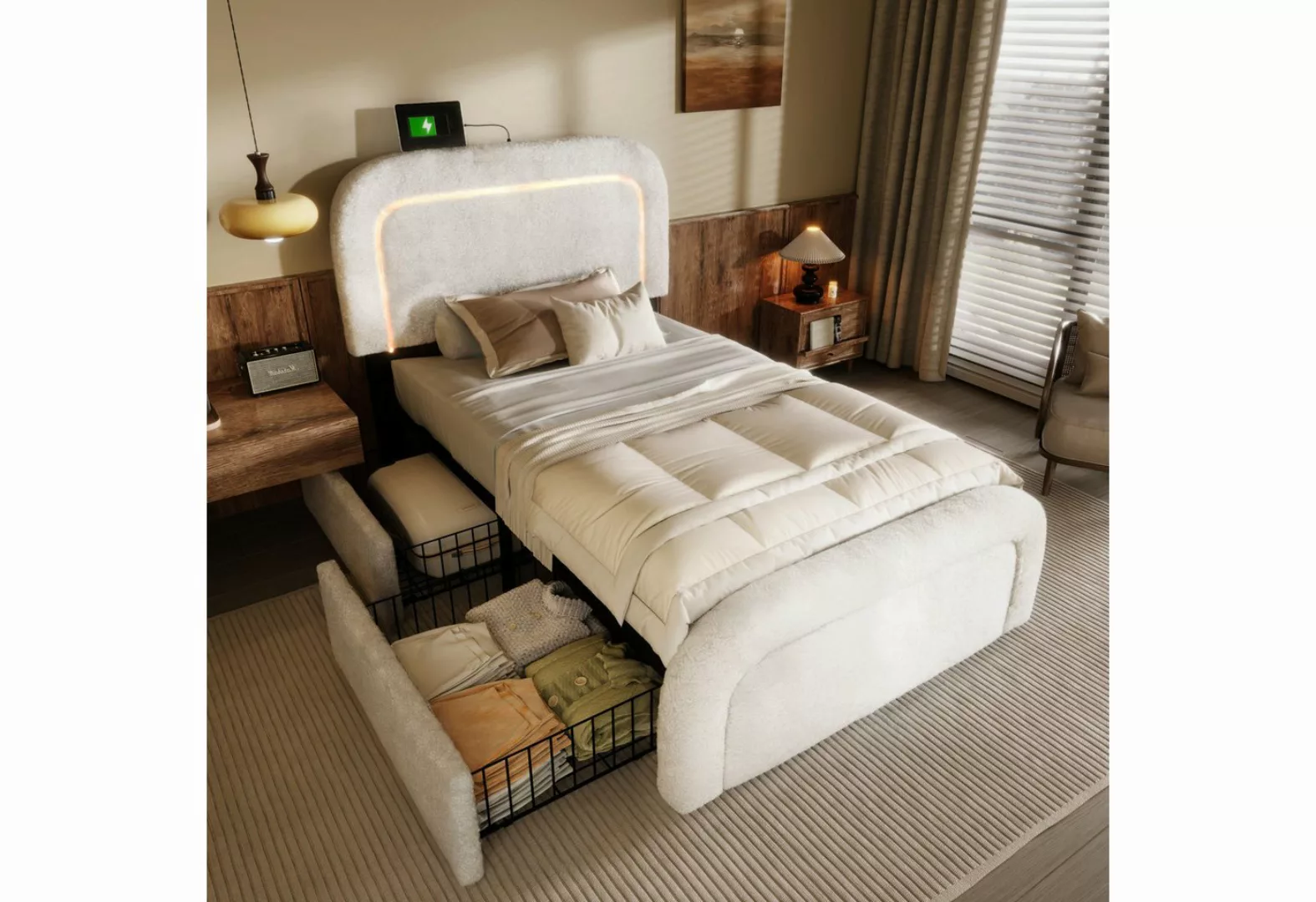 REDOM Polsterbett Doppelbett (LED-Beleuchtung und 2 Schubladen, Holzbett), günstig online kaufen