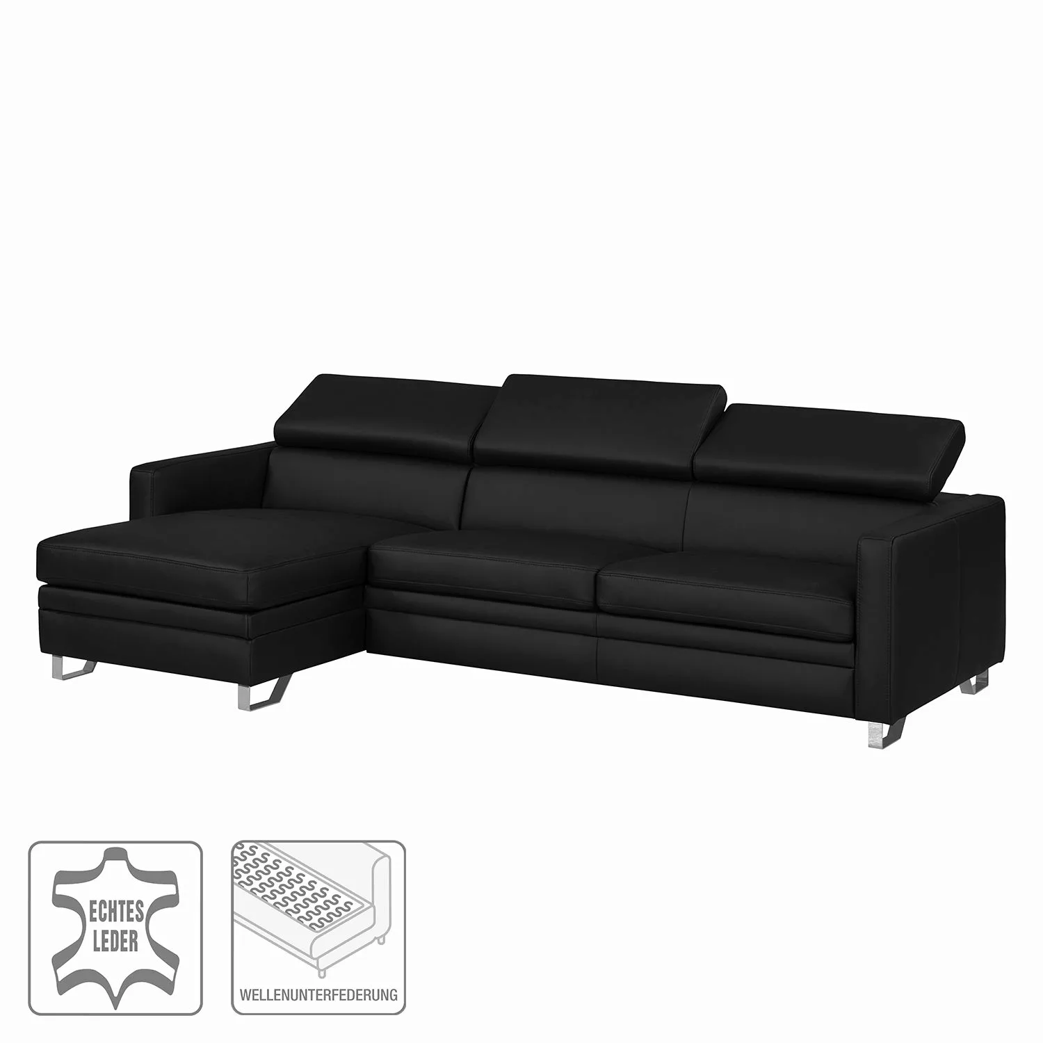 home24 Fredriks Ecksofa Menfi II Schwarz Echtleder 250x70x156 cm (BxHxT) Mo günstig online kaufen