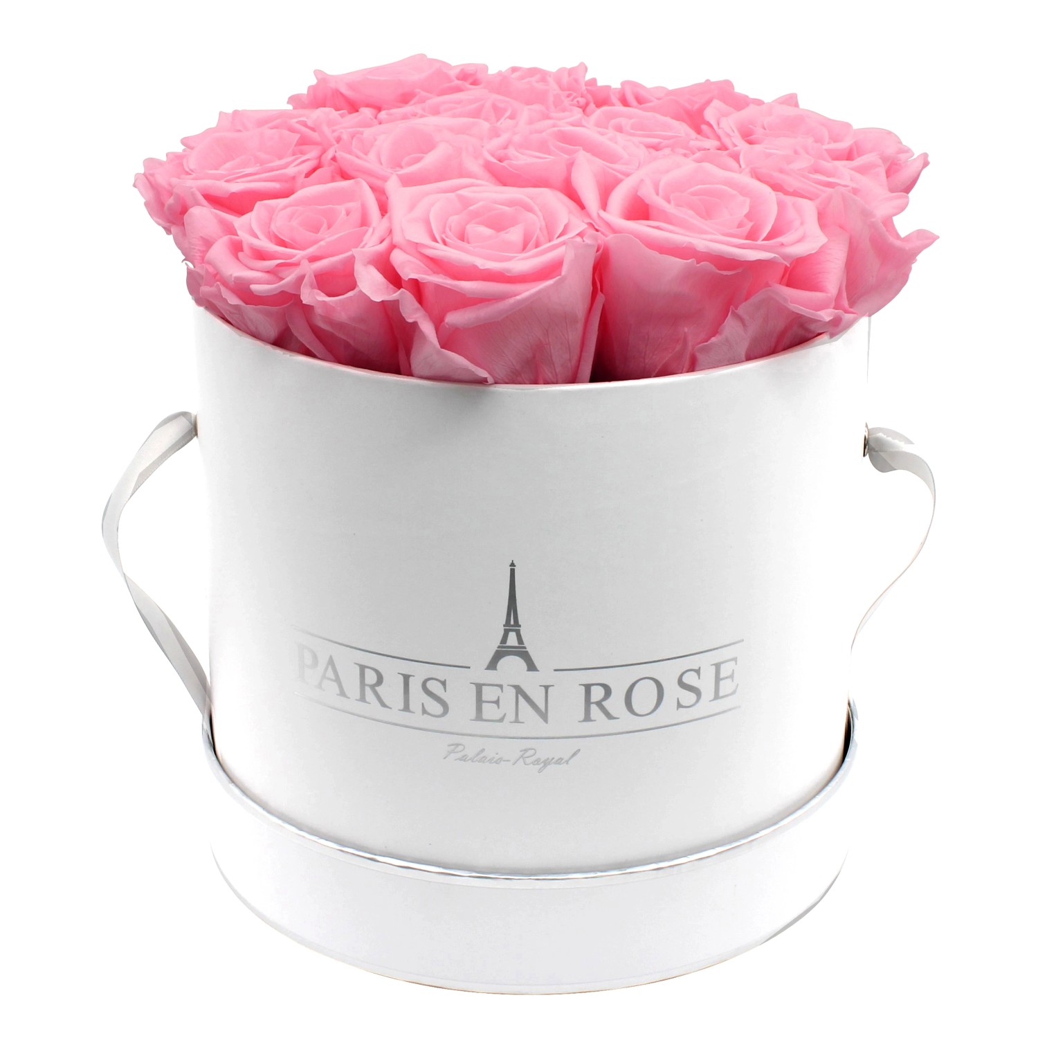 Rosenbox Ø 19 cm Weiß-Silber mit 14 Rosa Rosen günstig online kaufen