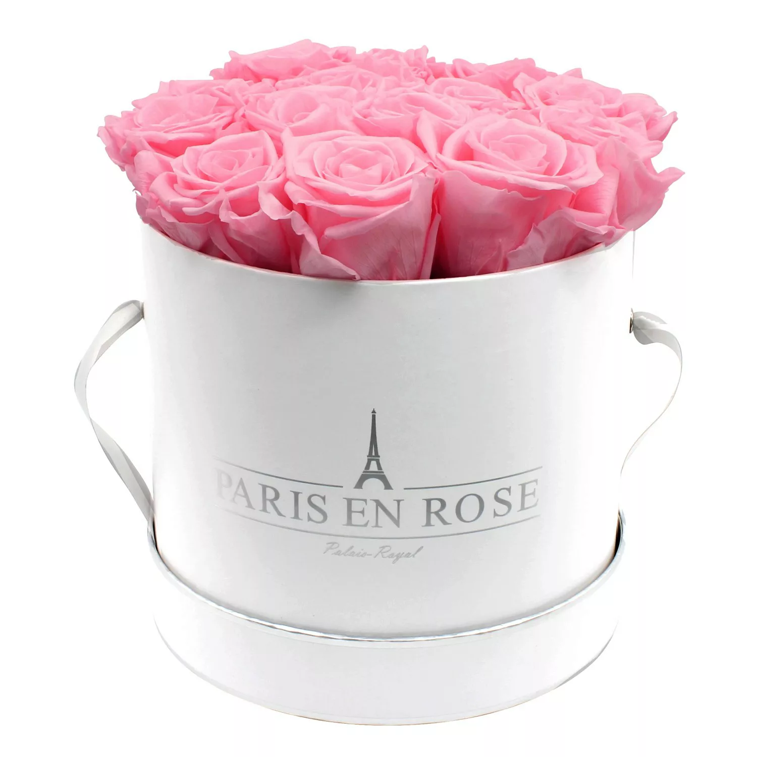 Rosenbox Ø 19 cm Weiß-Silber mit 14 Rosa Rosen günstig online kaufen