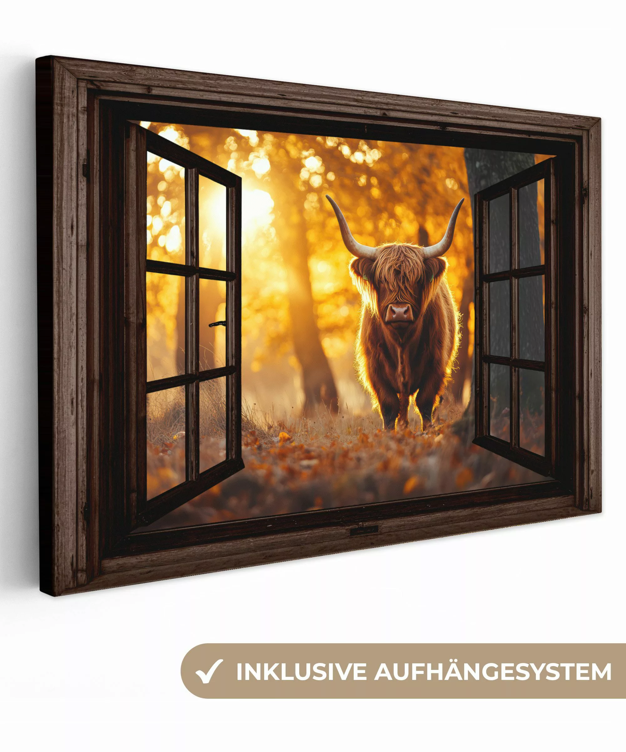 OneMillionCanvasses® Leinwandbild Schottischer Highlander - Wald günstig online kaufen
