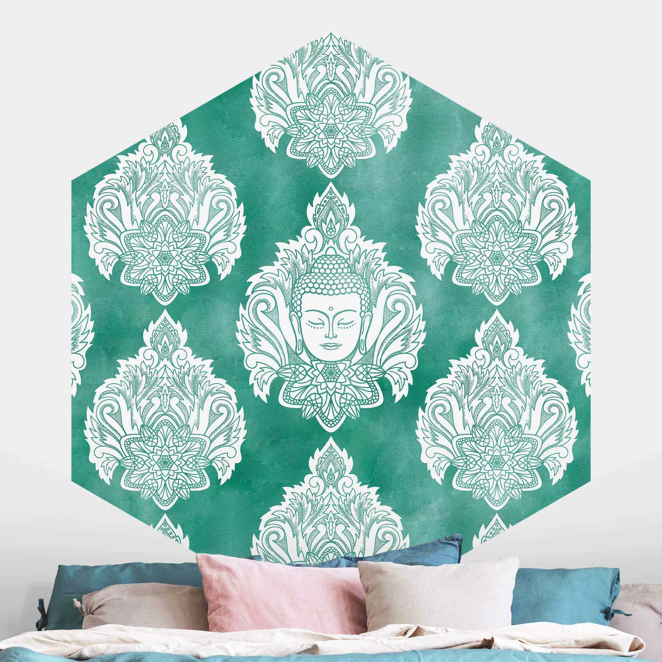 Hexagon Mustertapete selbstklebend Buddha und Lotus Smaragdmuster günstig online kaufen