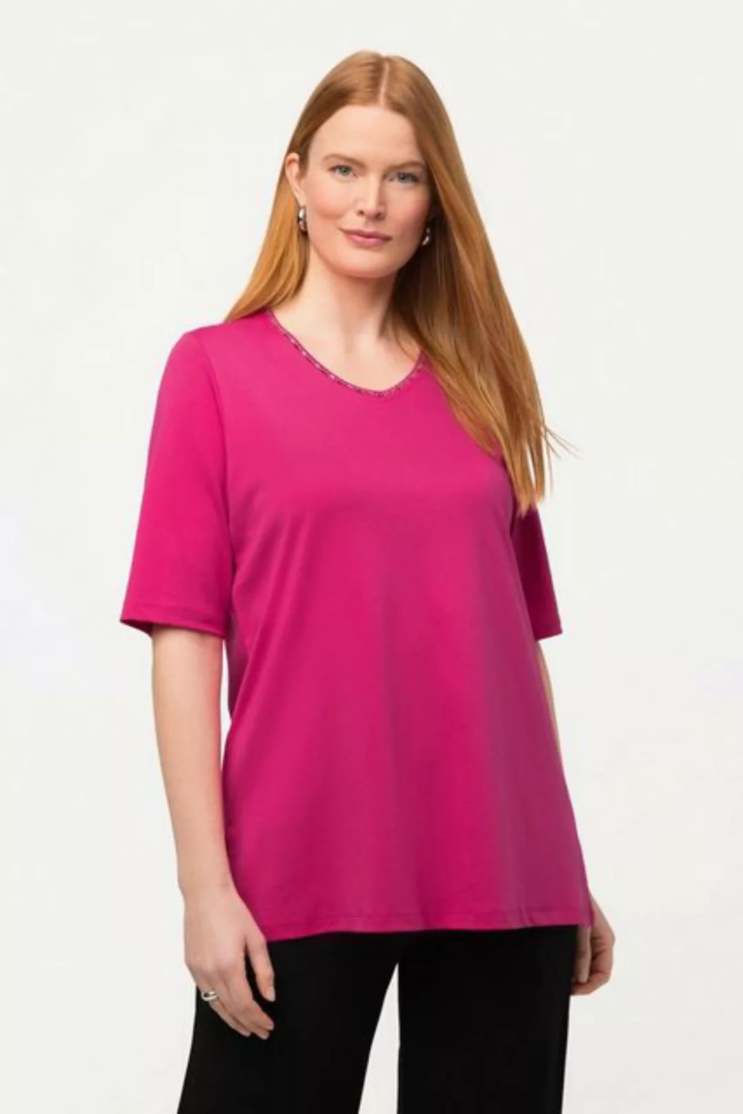 Ulla Popken Rundhalsshirt T-Shirt A-Linie V-Ausschnitt Halbarm Pima Cotton günstig online kaufen