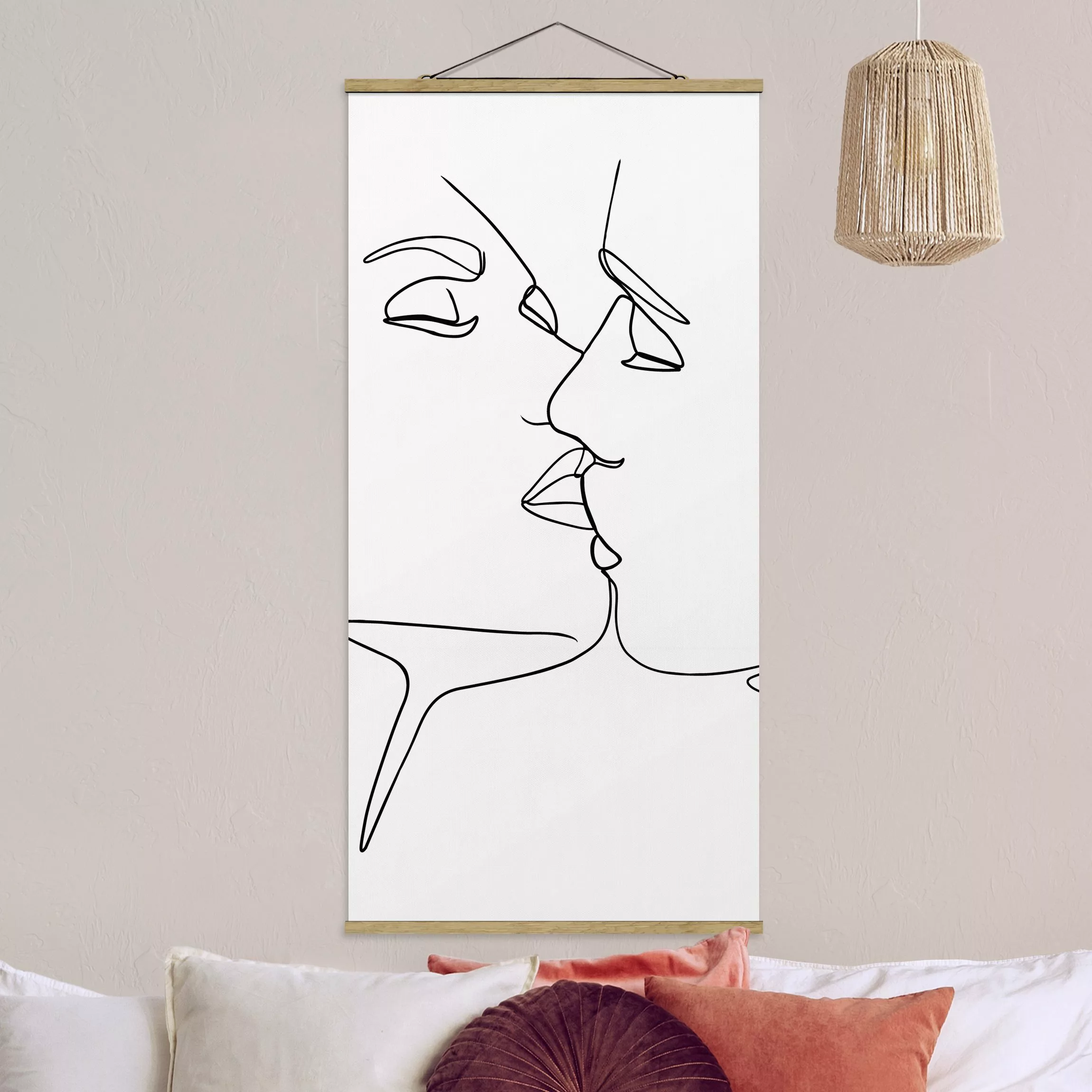 Stoffbild Abstrakt mit Posterleisten - Hochformat Line Art Kuss Gesichter S günstig online kaufen