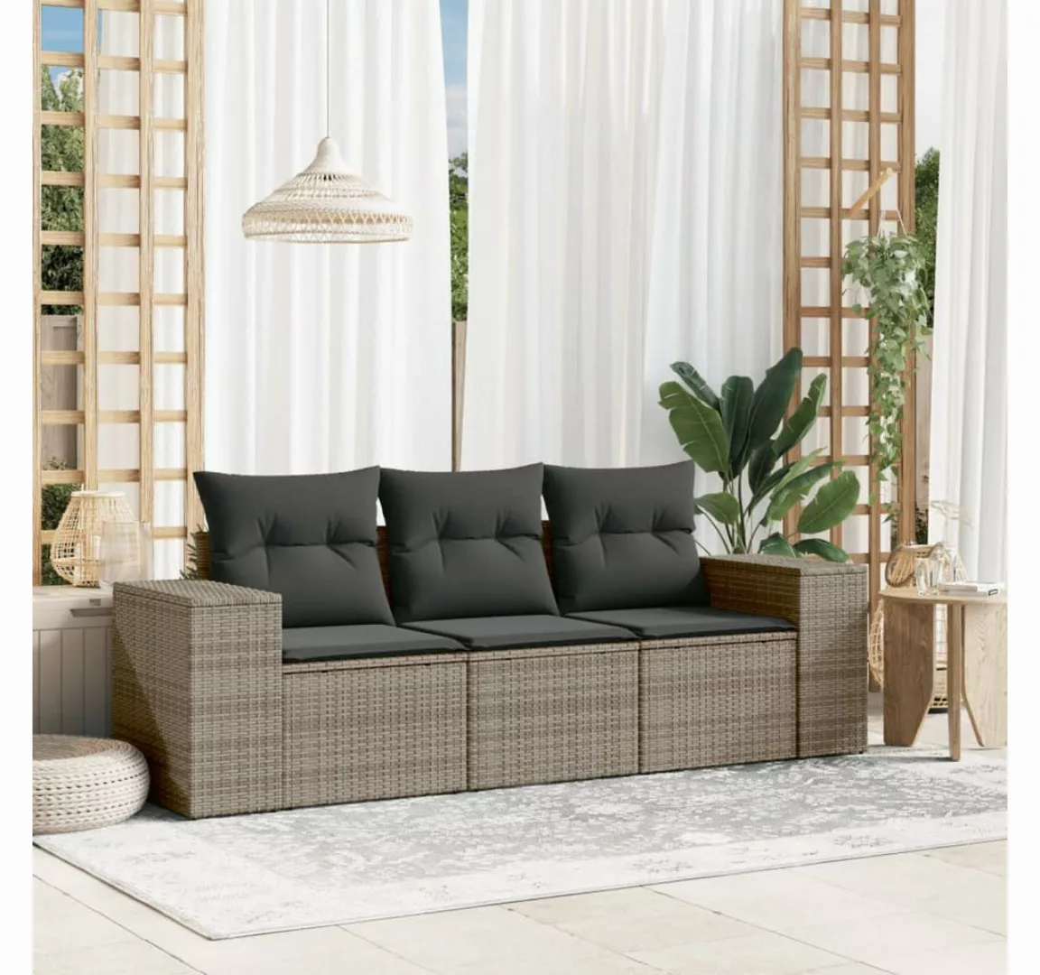 vidaXL Loungesofa 3-tlg. Garten-Sofagarnitur mit Kissen Grau Poly Rattan günstig online kaufen