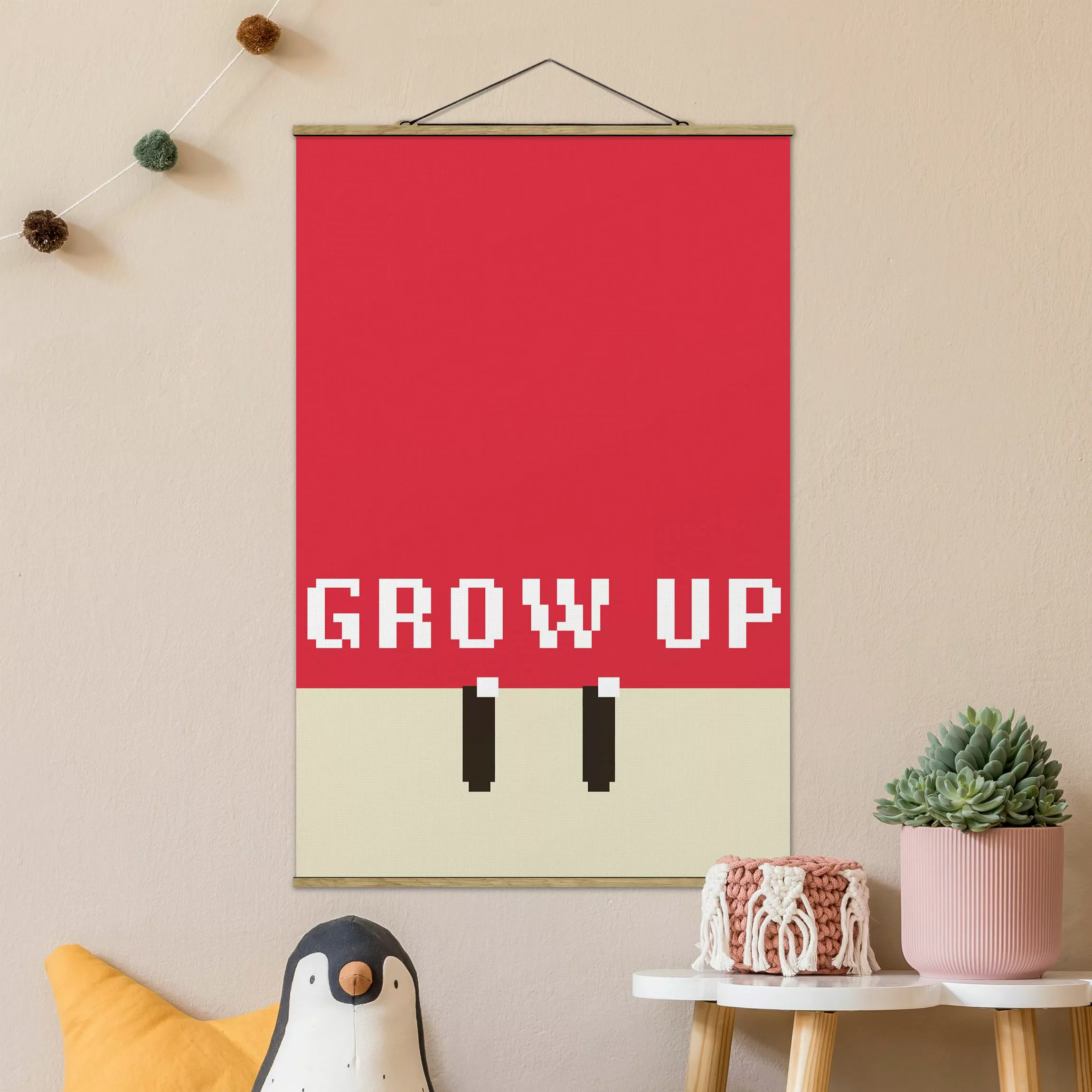 Stoffbild mit Posterleisten Pixel Spruch Grow Up in Rot günstig online kaufen