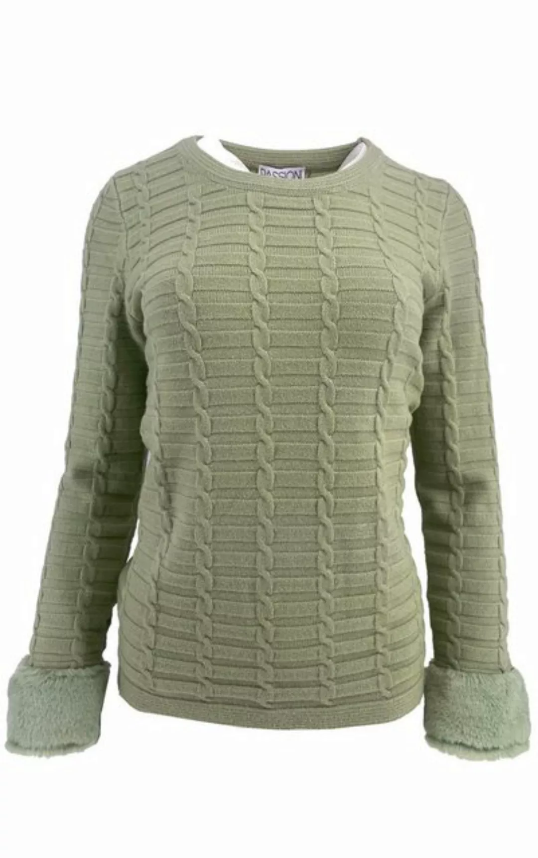Passioni Rundhalspullover Kuscheliger Pullover in grün mit Kunstfellbesatz günstig online kaufen