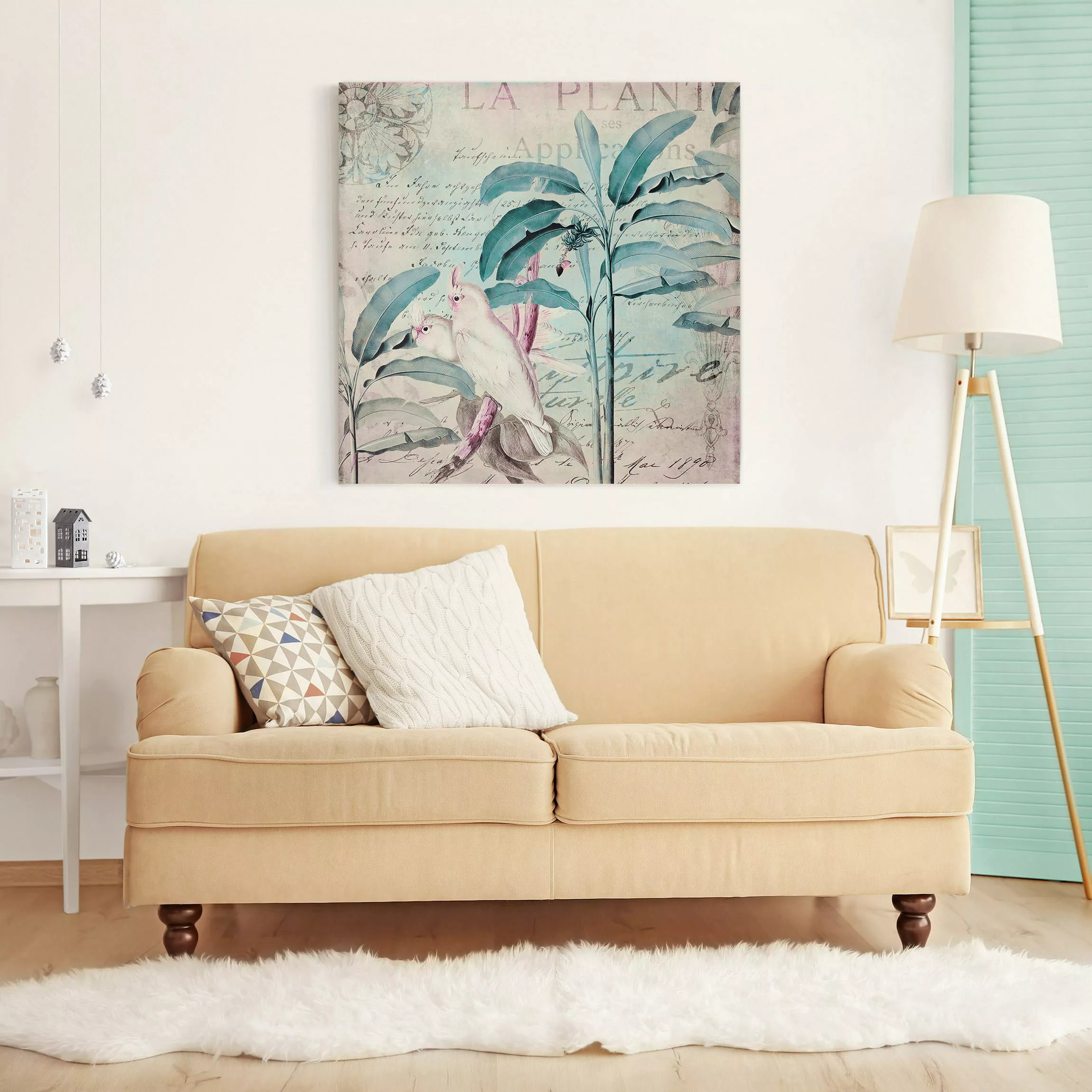 Leinwandbild Colonial Style Collage - Kakadus und Palmen günstig online kaufen